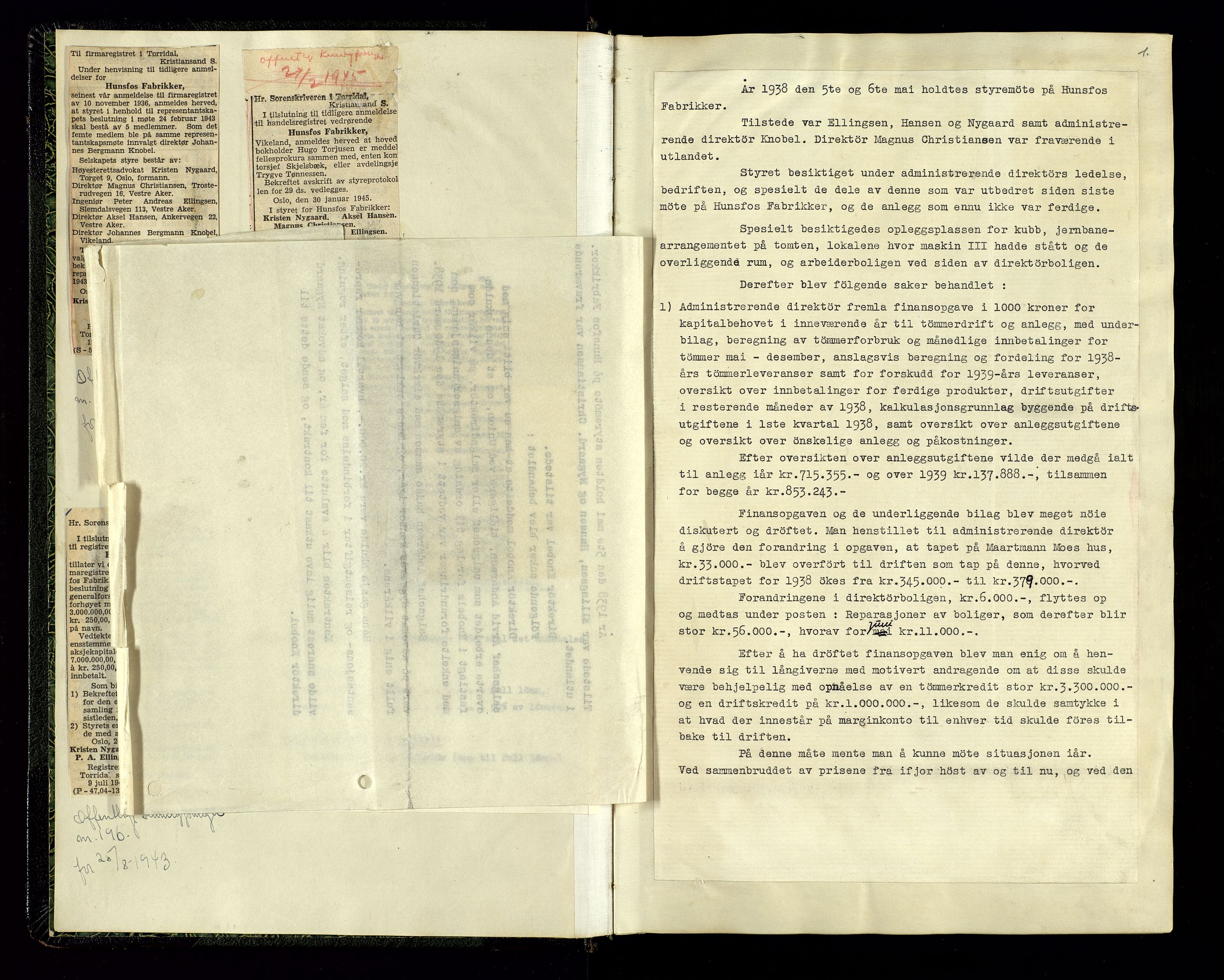 Hunsfos fabrikker, AV/SAK-D/1440/02/L0006: Referatprotokoll fra styremøter, 1938-1950, p. 1