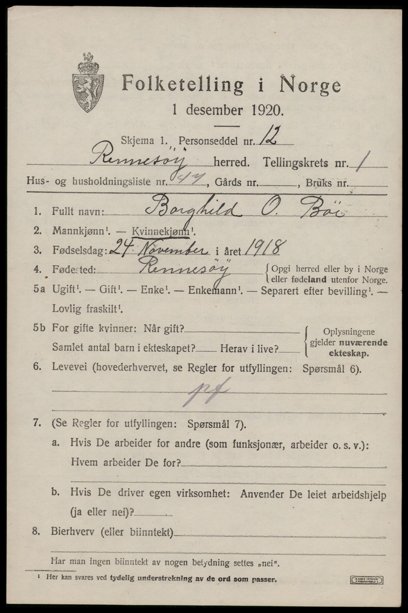 SAST, 1920 census for Rennesøy, 1920, p. 1016