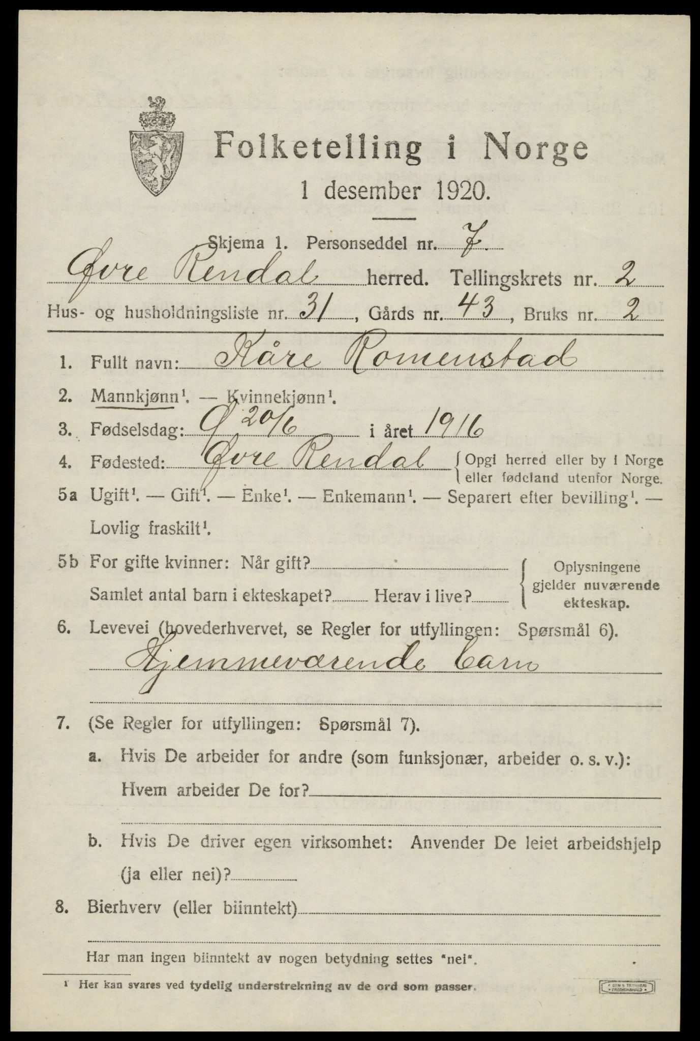 SAH, 1920 census for Øvre Rendal, 1920, p. 1291