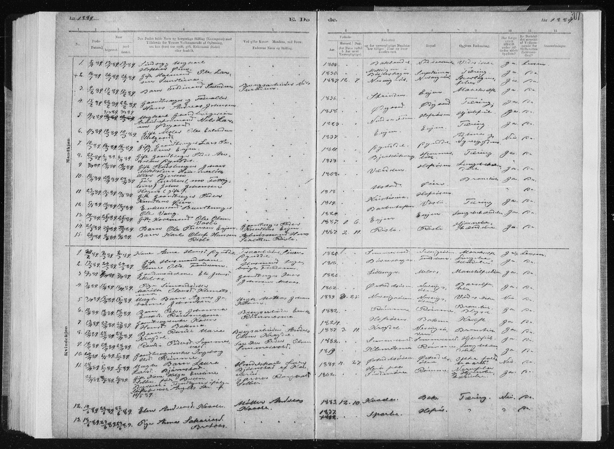 Ministerialprotokoller, klokkerbøker og fødselsregistre - Sør-Trøndelag, SAT/A-1456/668/L0818: Parish register (copy) no. 668C07, 1885-1898, p. 307