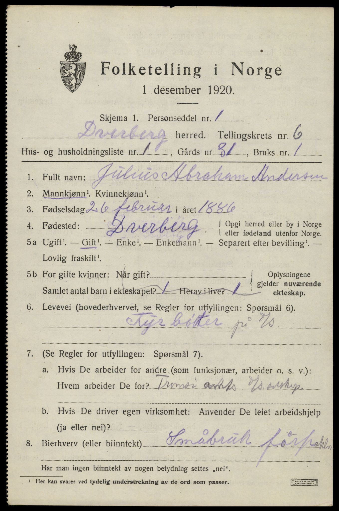 SAT, 1920 census for Dverberg, 1920, p. 6400