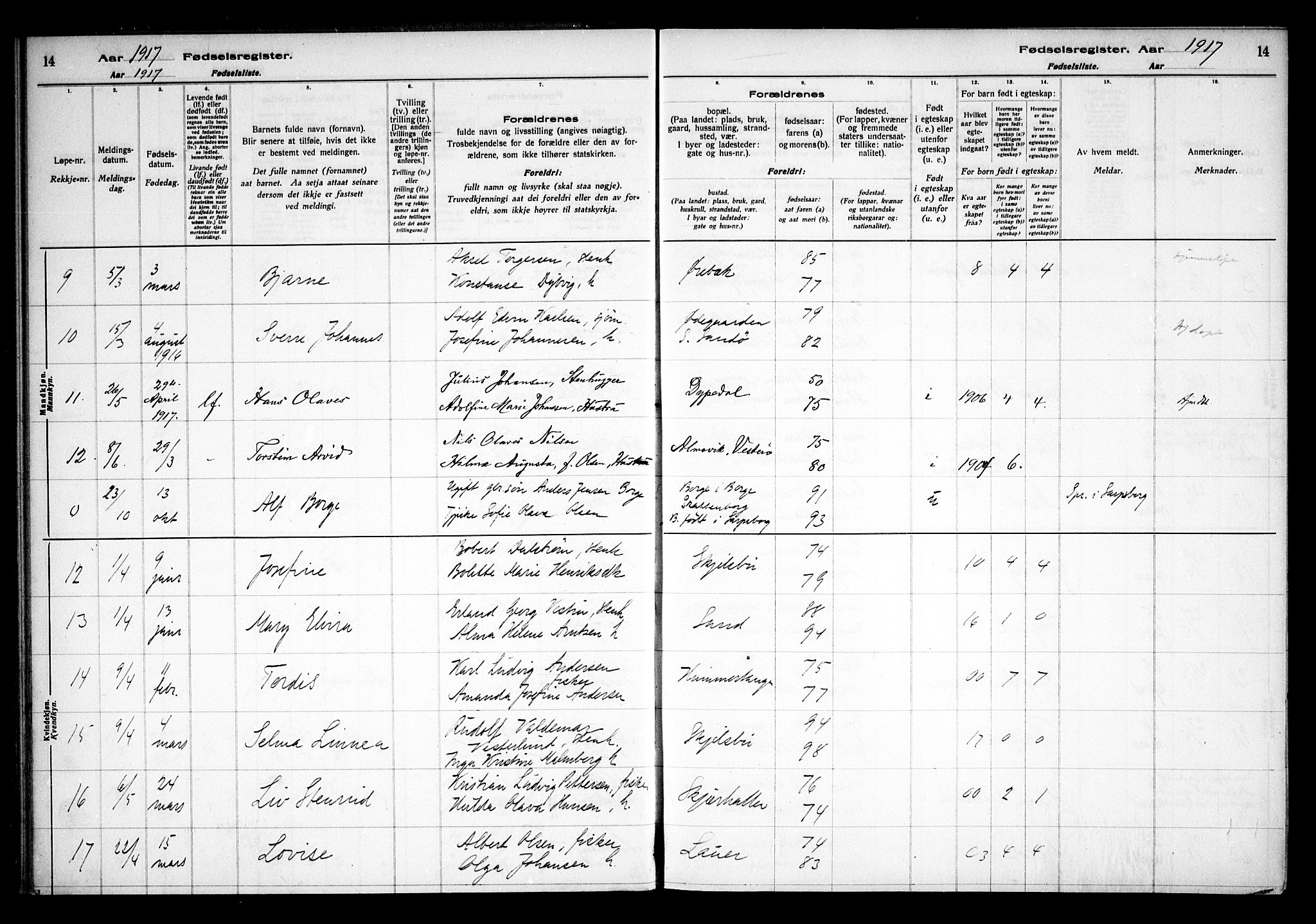 Hvaler prestekontor Kirkebøker, AV/SAO-A-2001/J/Ja/L0001: Birth register no. I 1, 1916-1938, p. 14