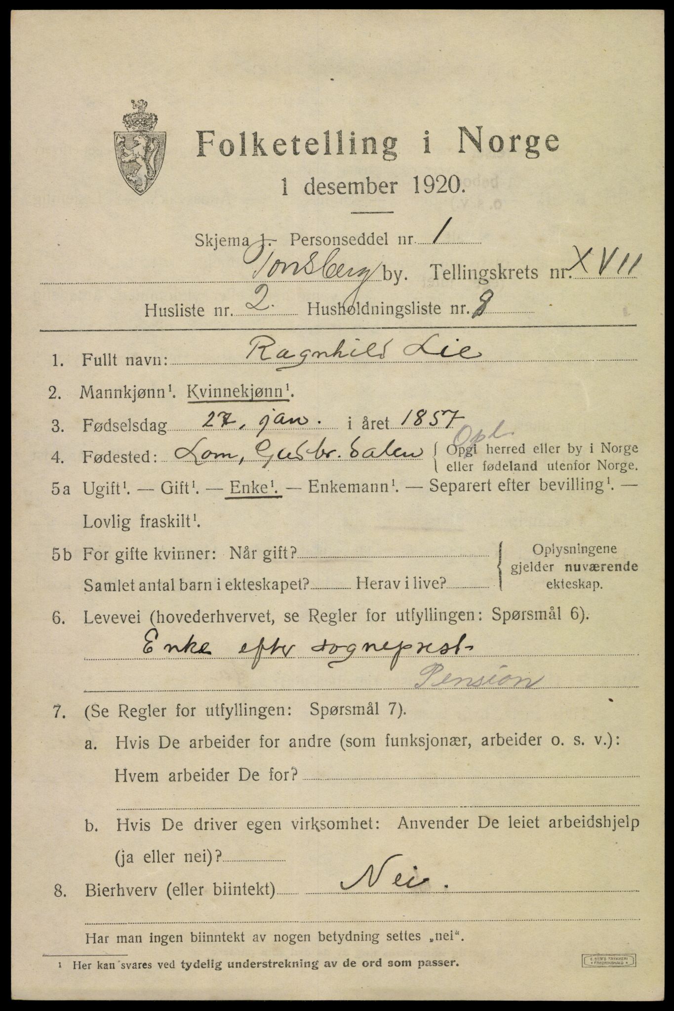 SAKO, 1920 census for Tønsberg, 1920, p. 25819