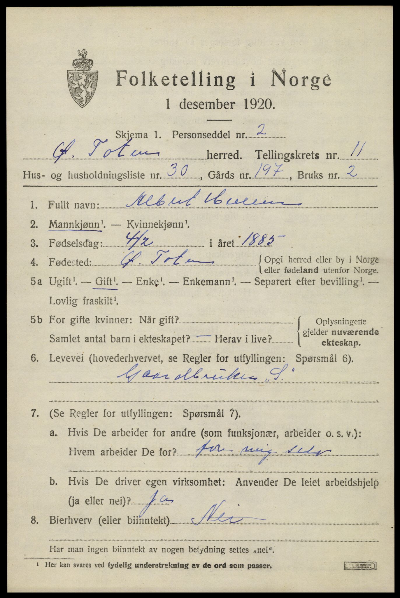 SAH, 1920 census for Østre Toten, 1920, p. 22198