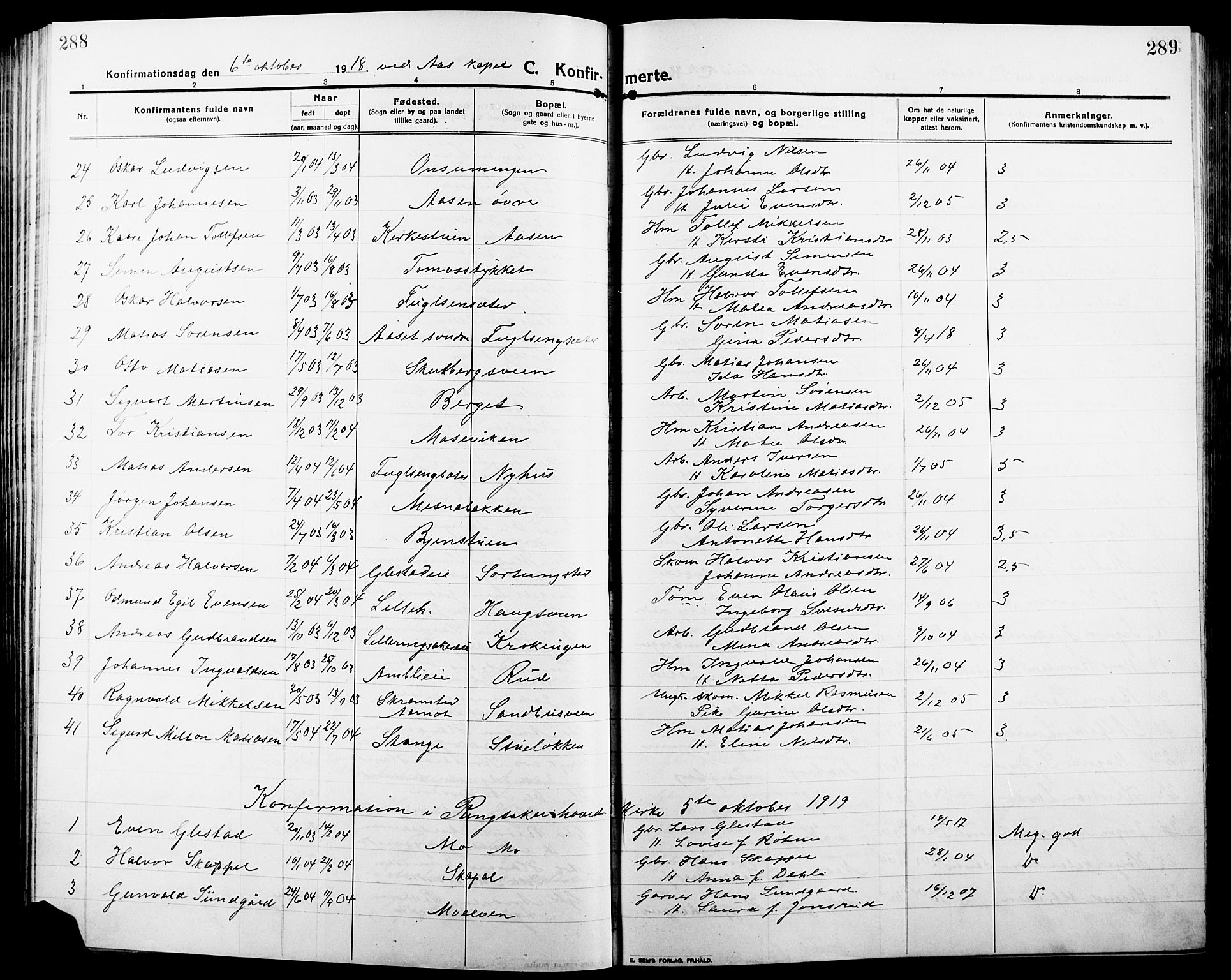 Ringsaker prestekontor, AV/SAH-PREST-014/L/La/L0018: Parish register (copy) no. 18, 1913-1922, p. 288-289