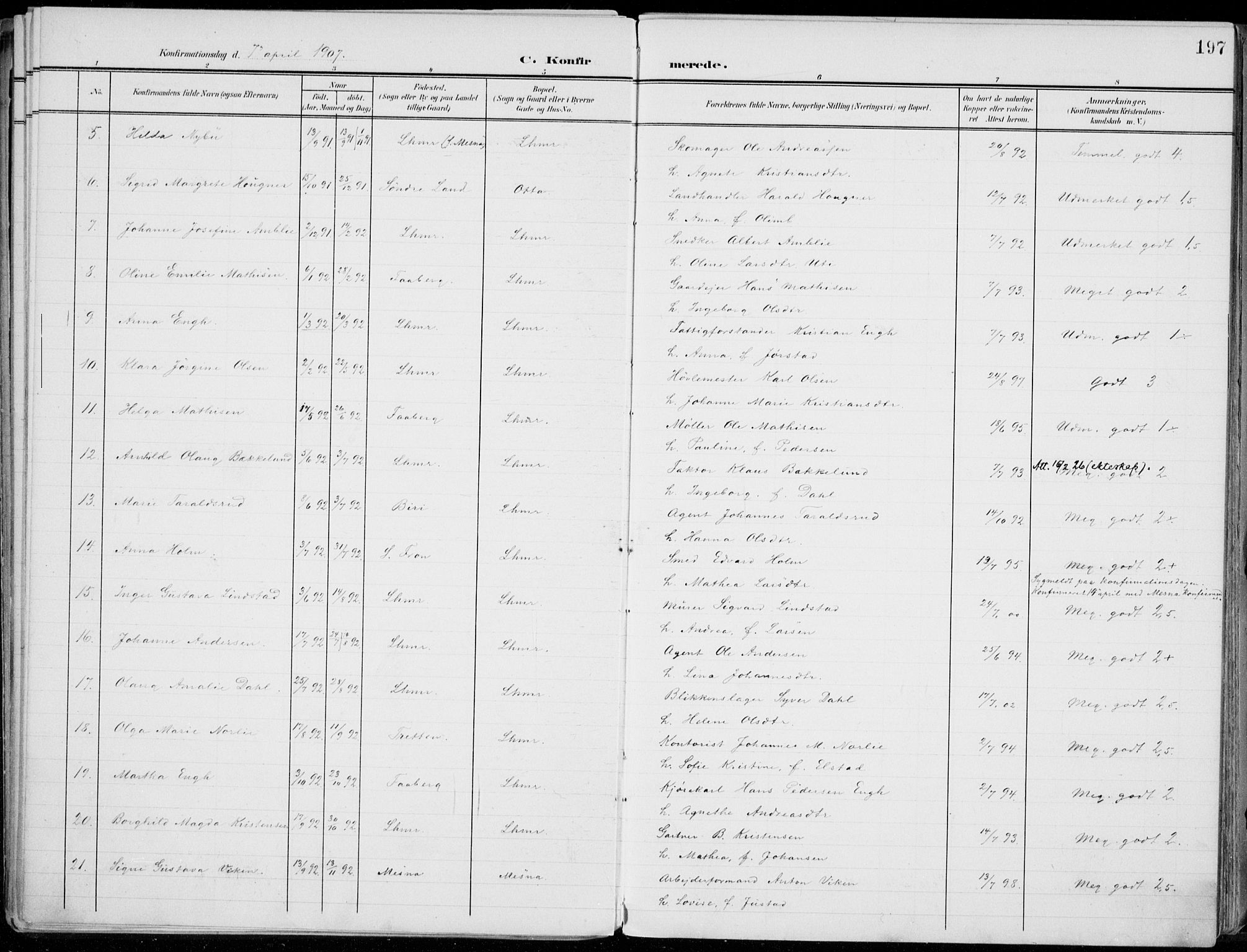 Lillehammer prestekontor, SAH/PREST-088/H/Ha/Haa/L0001: Parish register (official) no. 1, 1901-1916, p. 197