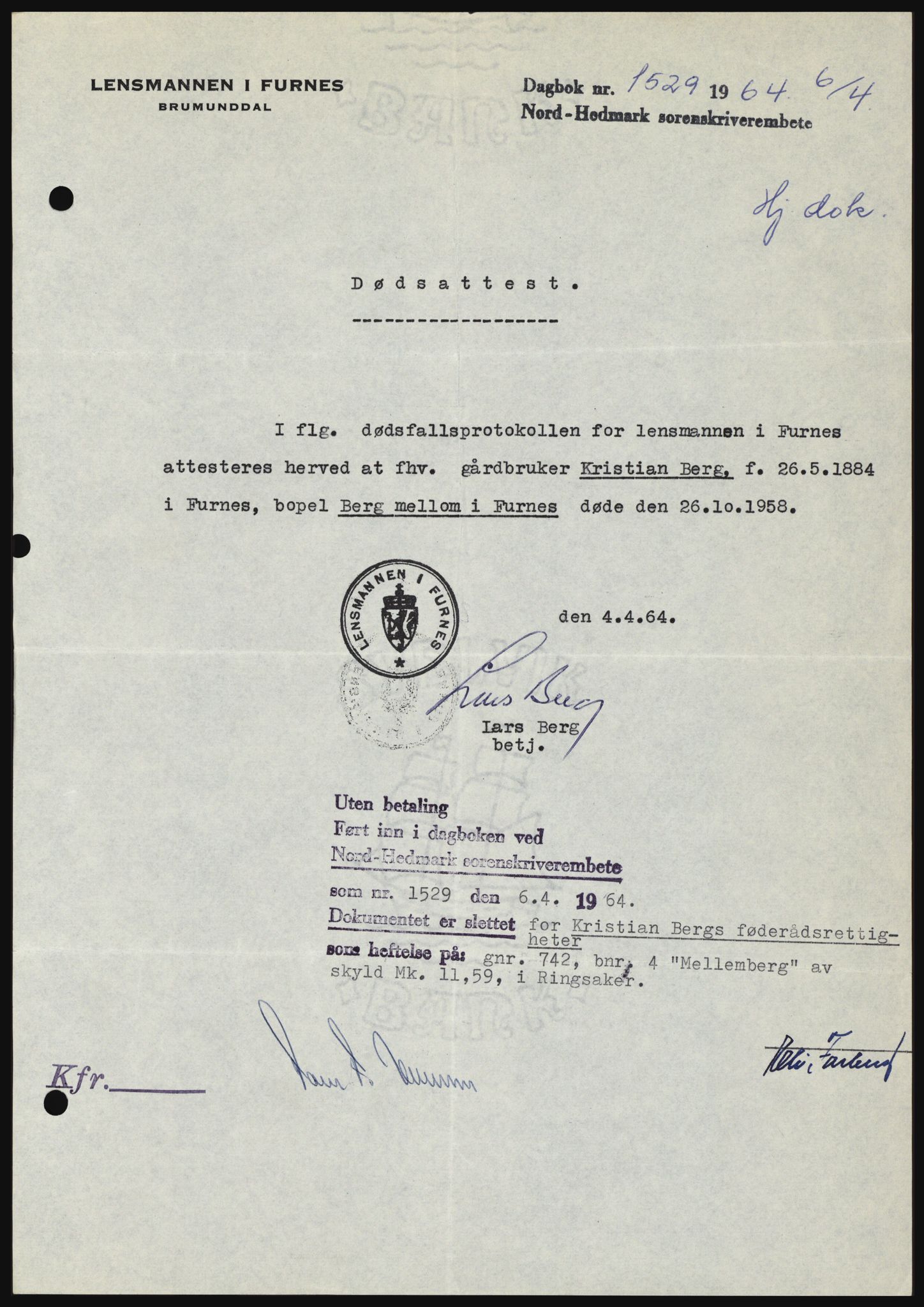 Nord-Hedmark sorenskriveri, SAH/TING-012/H/Hc/L0019: Mortgage book no. 19, 1963-1964, Diary no: : 1529/1964