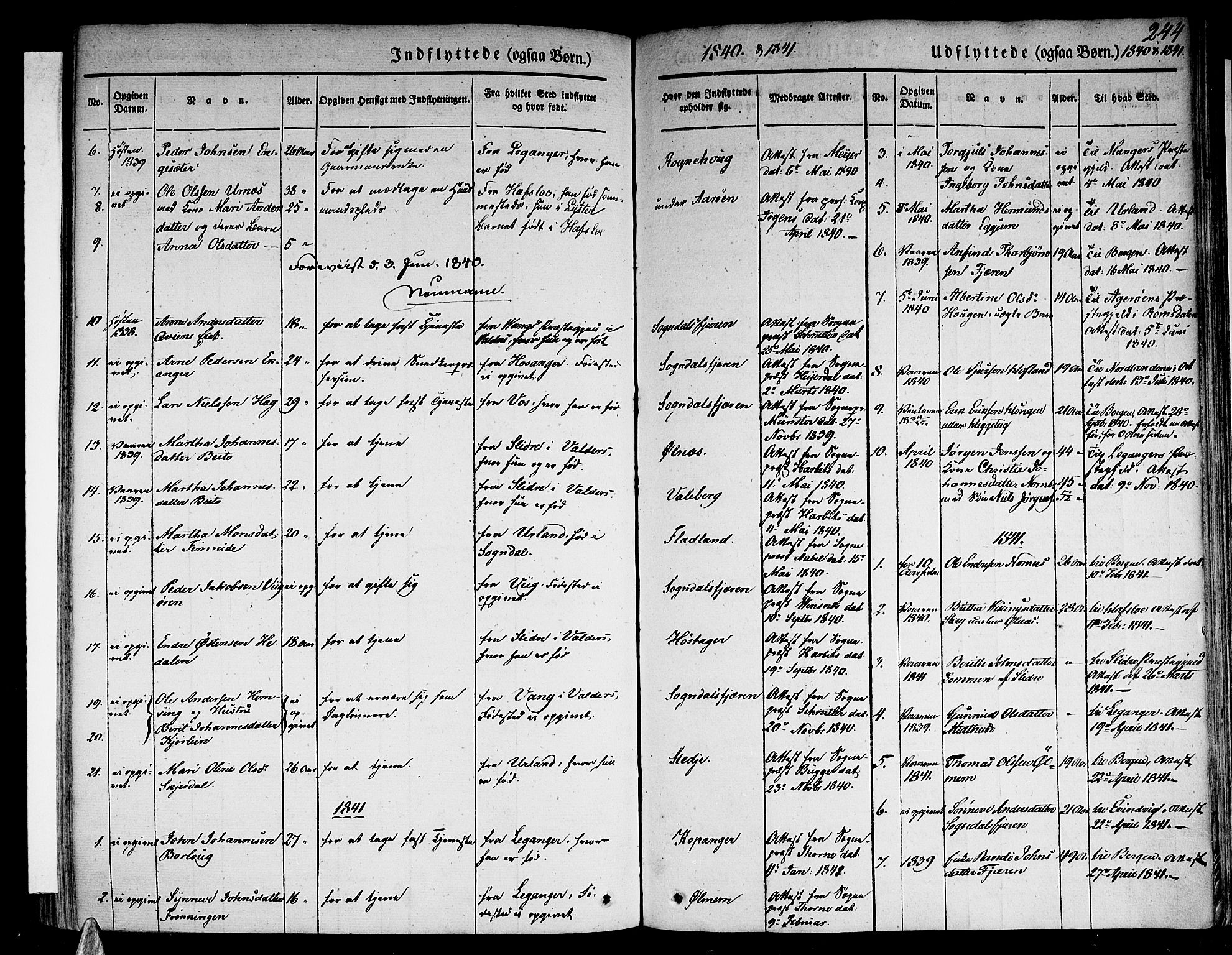 Sogndal sokneprestembete, AV/SAB-A-81301/H/Haa/Haaa/L0011: Parish register (official) no. A 11, 1839-1847, p. 244