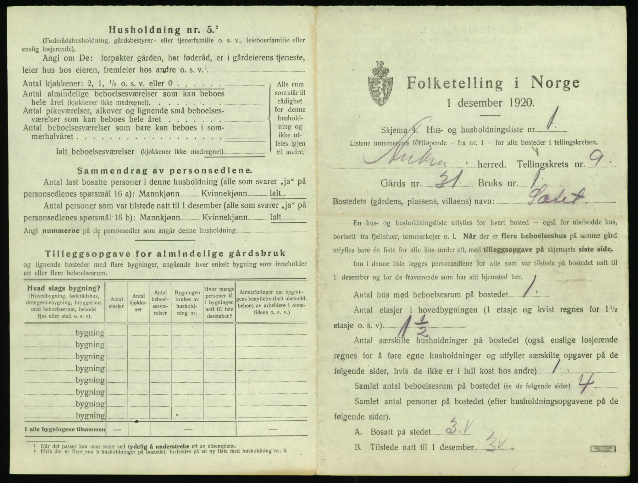 SAT, 1920 census for Aukra, 1920, p. 615