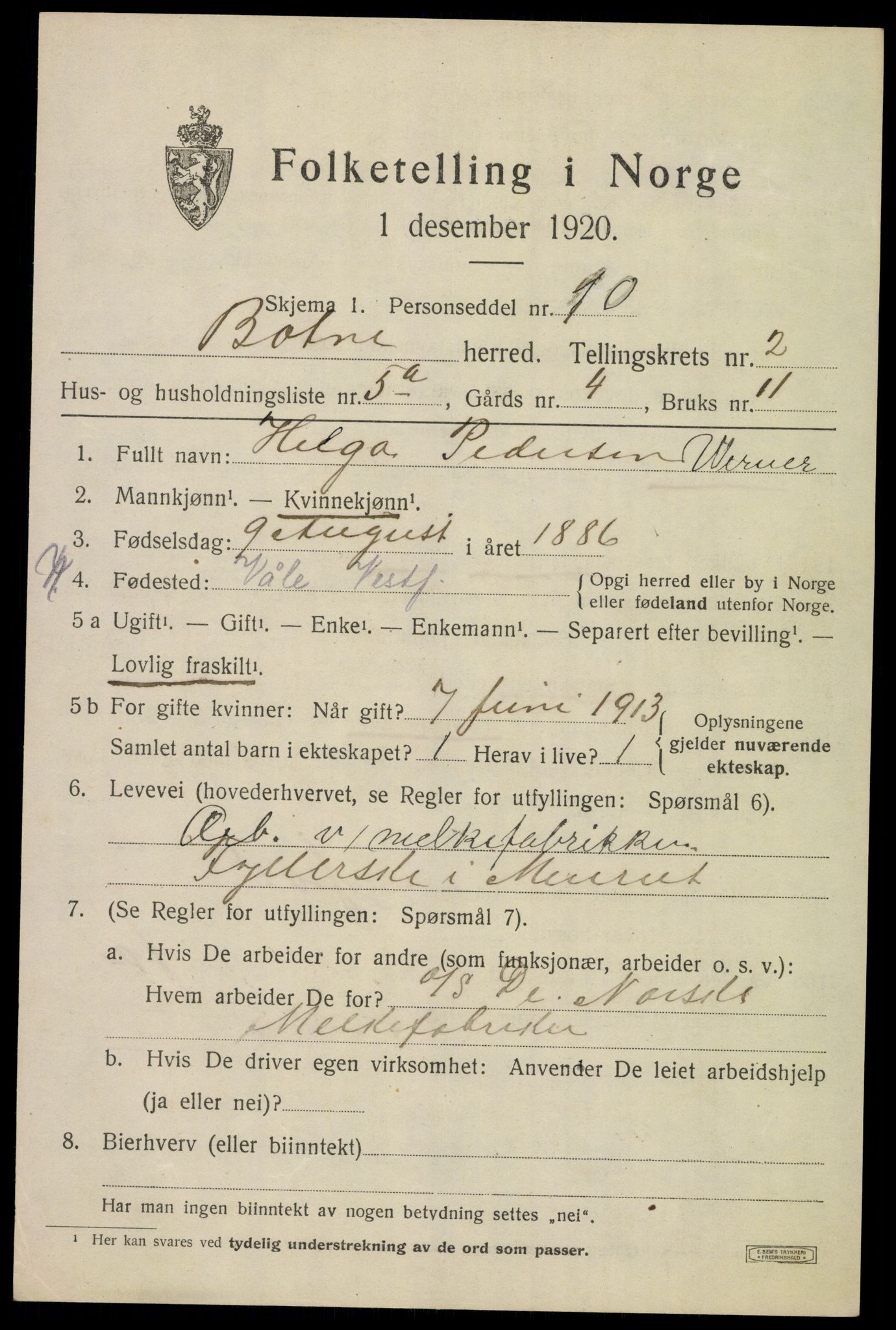 SAKO, 1920 census for Botne, 1920, p. 2253