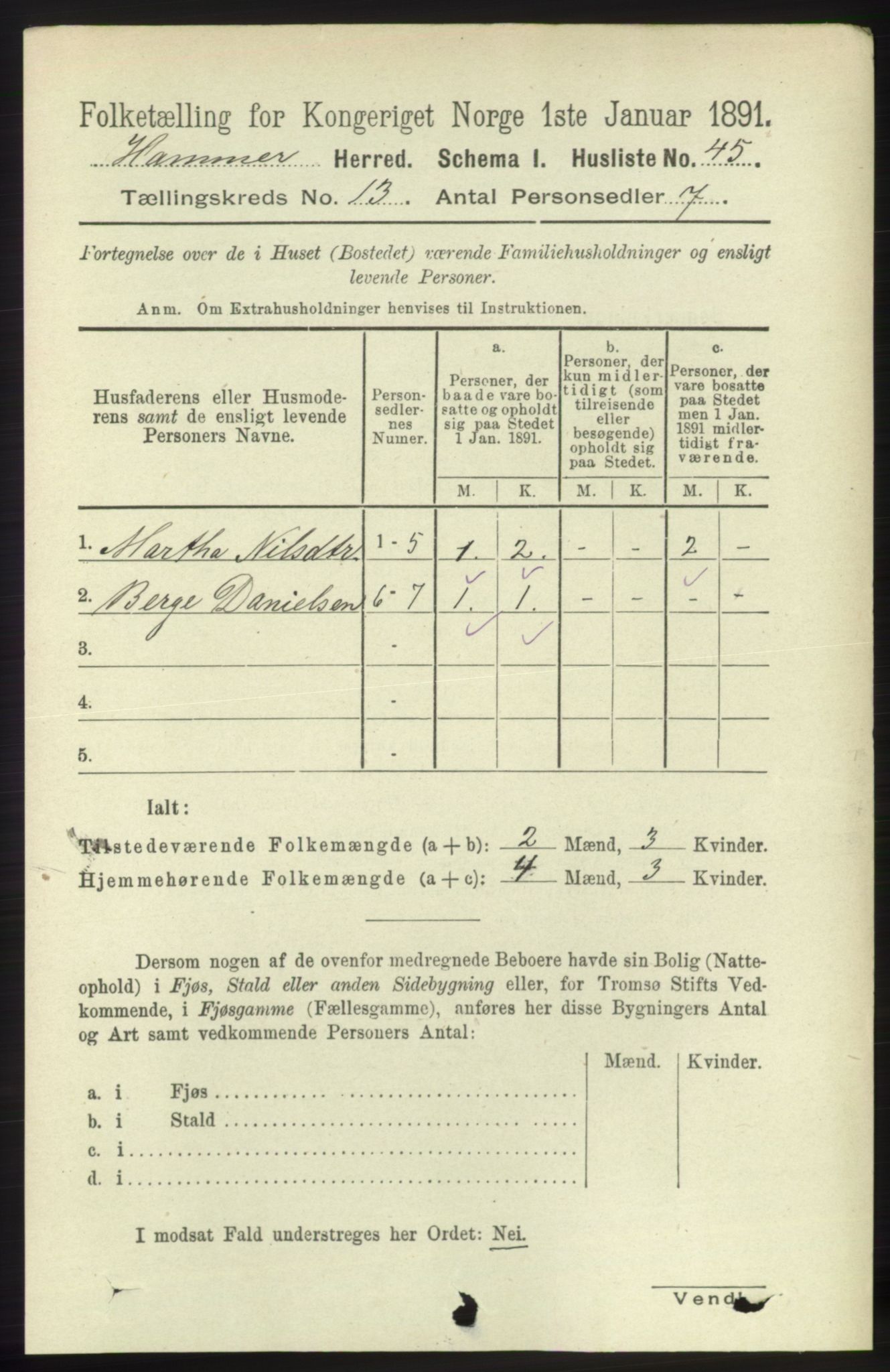 RA, 1891 census for 1254 Hamre, 1891, p. 3989