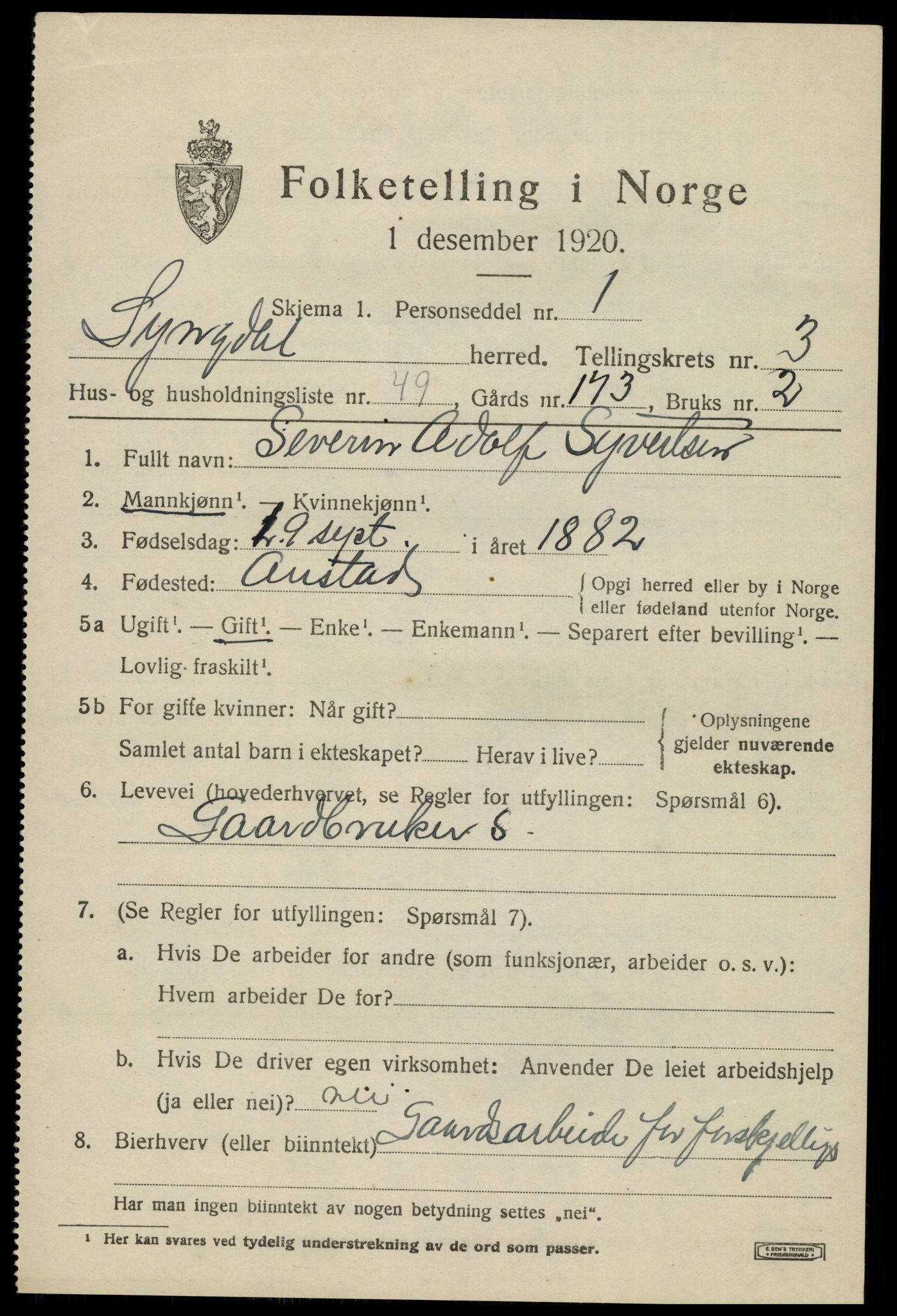 SAK, 1920 census for Lyngdal, 1920, p. 2307