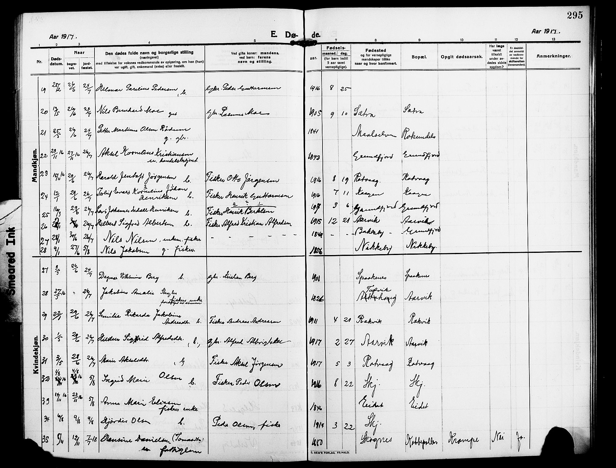 Skjervøy sokneprestkontor, AV/SATØ-S-1300/H/Ha/Hab/L0009klokker: Parish register (copy) no. 9, 1911-1926, p. 295