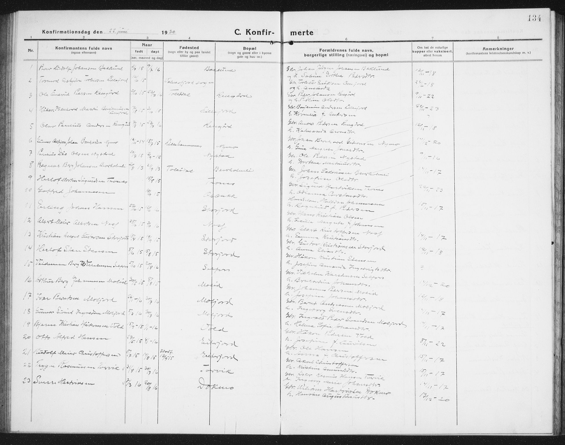 Ministerialprotokoller, klokkerbøker og fødselsregistre - Nordland, AV/SAT-A-1459/846/L0656: Parish register (copy) no. 846C06, 1917-1936, p. 134