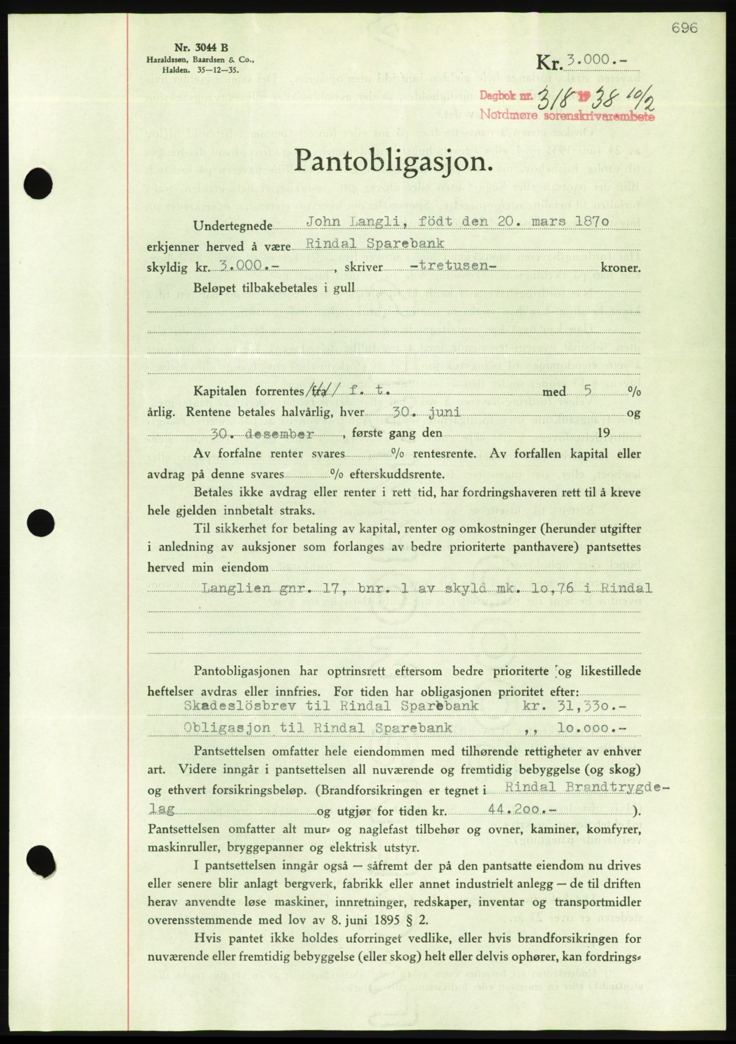 Nordmøre sorenskriveri, AV/SAT-A-4132/1/2/2Ca/L0092: Mortgage book no. B82, 1937-1938, Diary no: : 318/1938