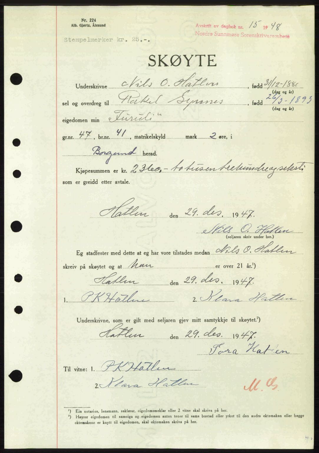 Nordre Sunnmøre sorenskriveri, AV/SAT-A-0006/1/2/2C/2Ca: Mortgage book no. A26, 1947-1948, Diary no: : 15/1948