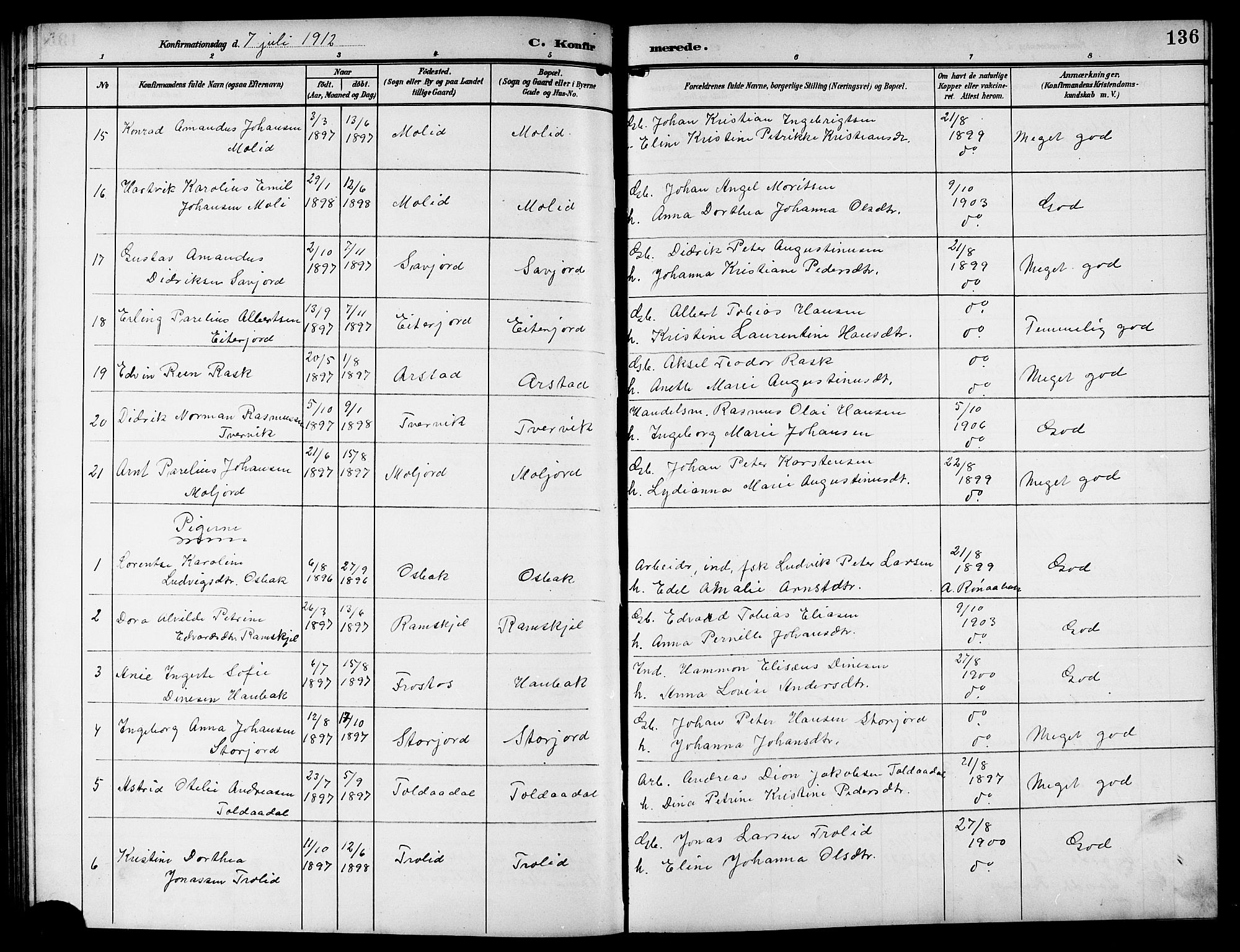 Ministerialprotokoller, klokkerbøker og fødselsregistre - Nordland, AV/SAT-A-1459/846/L0655: Parish register (copy) no. 846C05, 1902-1916, p. 136