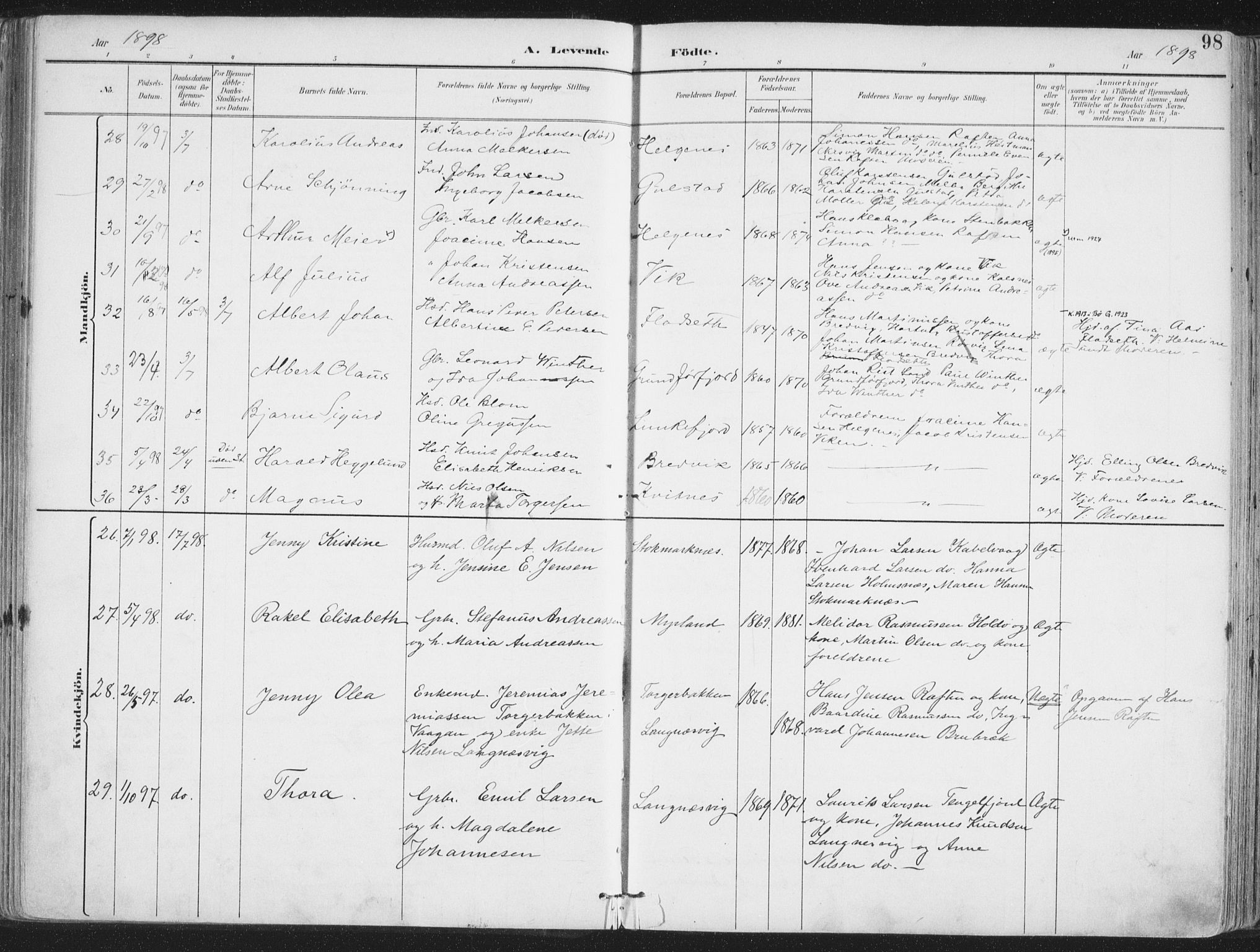 Ministerialprotokoller, klokkerbøker og fødselsregistre - Nordland, AV/SAT-A-1459/888/L1246: Parish register (official) no. 888A12, 1891-1903, p. 98