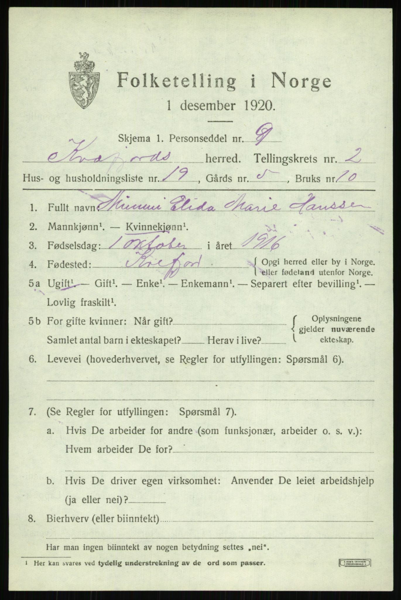 SATØ, 1920 census for Kvæfjord, 1920, p. 1713