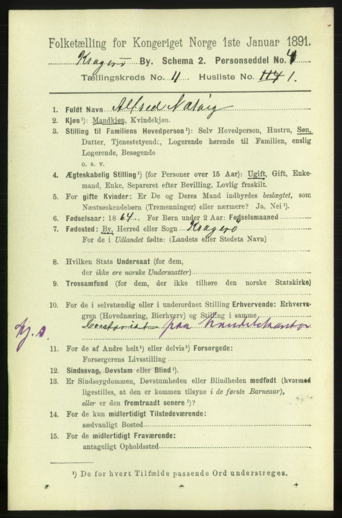 RA, 1891 census for 0801 Kragerø, 1891, p. 3854