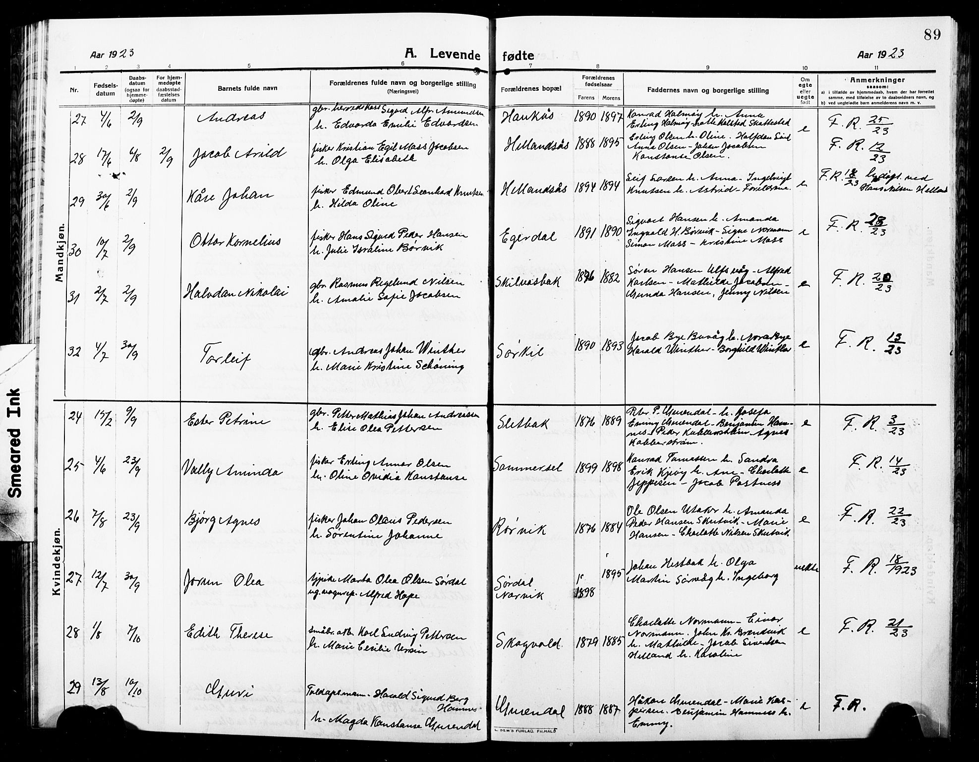 Ministerialprotokoller, klokkerbøker og fødselsregistre - Nordland, AV/SAT-A-1459/859/L0861: Parish register (copy) no. 859C07, 1910-1925, p. 89