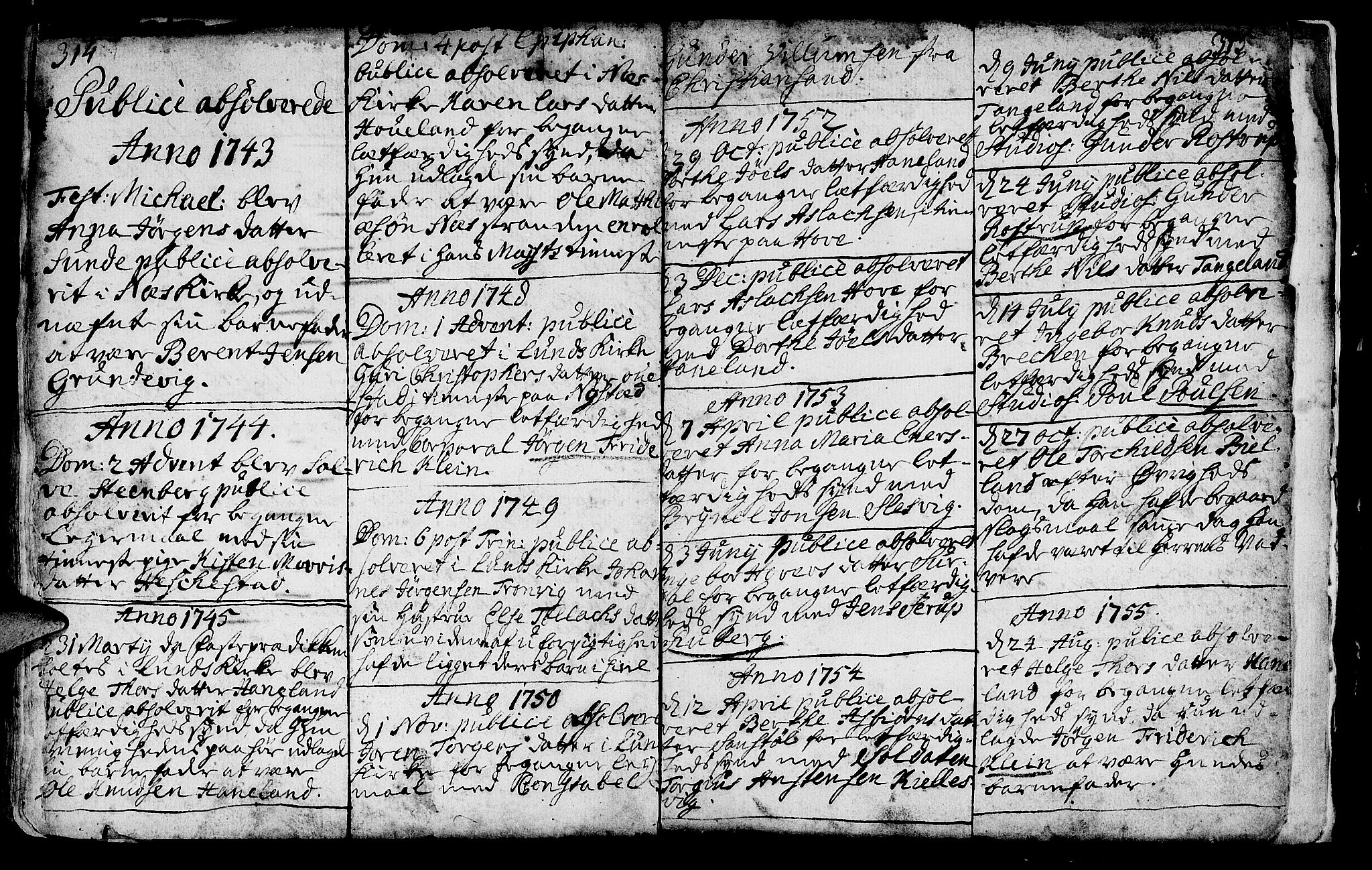 Lund sokneprestkontor, SAST/A-101809/S06/L0002: Parish register (official) no. A 2, 1738-1760, p. 314-315