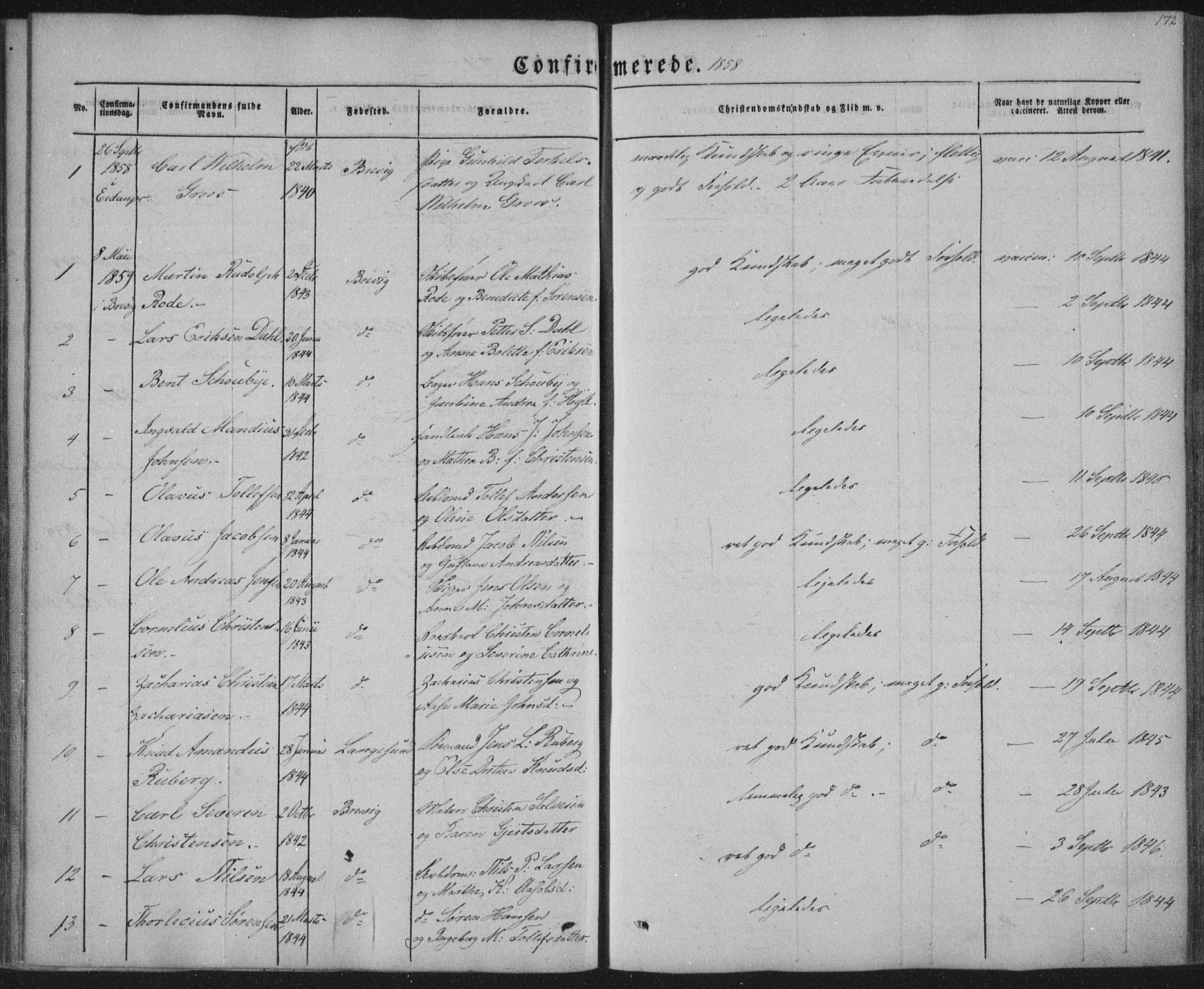 Brevik kirkebøker, SAKO/A-255/F/Fa/L0005: Parish register (official) no. 5, 1847-1865, p. 172
