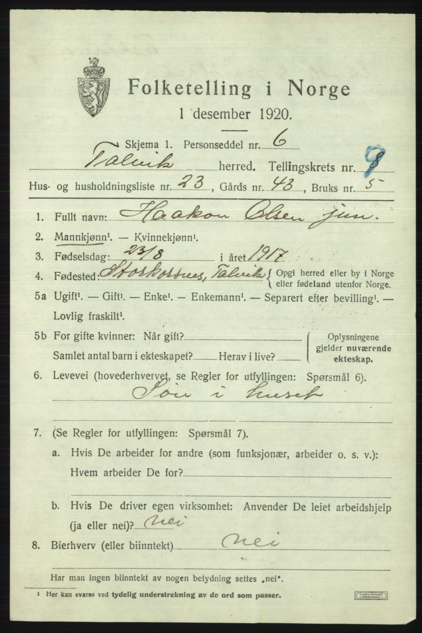 SATØ, 1920 census for Talvik, 1920, p. 5788