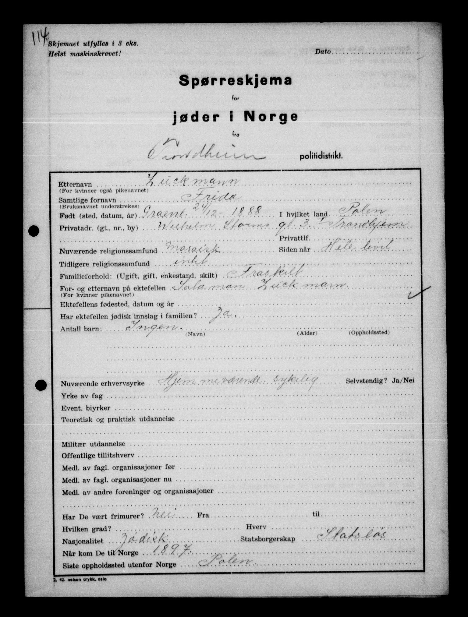 Statspolitiet - Hovedkontoret / Osloavdelingen, AV/RA-S-1329/G/Ga/L0013: Spørreskjema for jøder i Norge. 1: Sandefjord-Trondheim. 2: Tønsberg- Ålesund.  3: Skriv vedr. jøder A-H.  , 1942-1943, p. 491