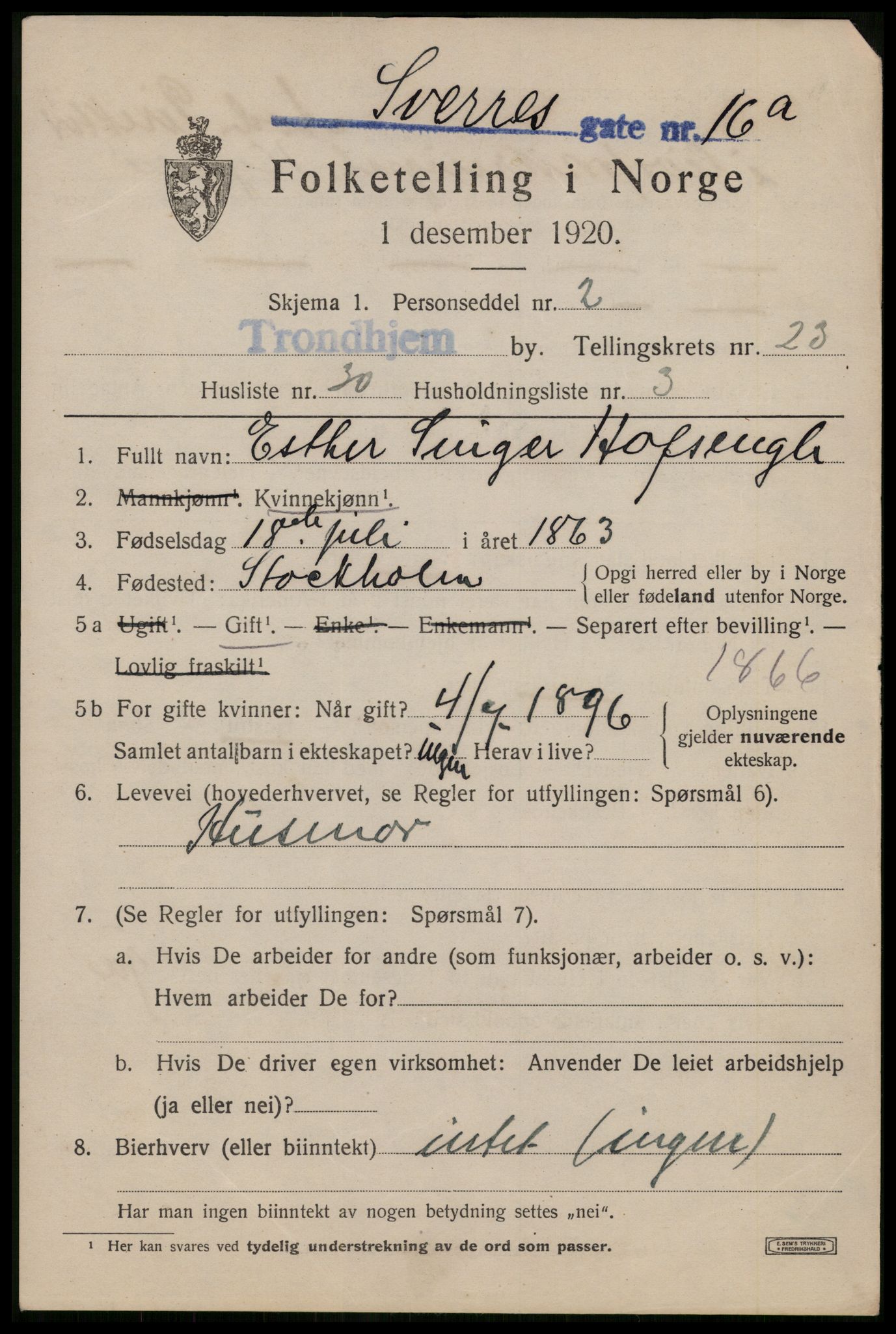 SAT, 1920 census for Trondheim, 1920, p. 65340