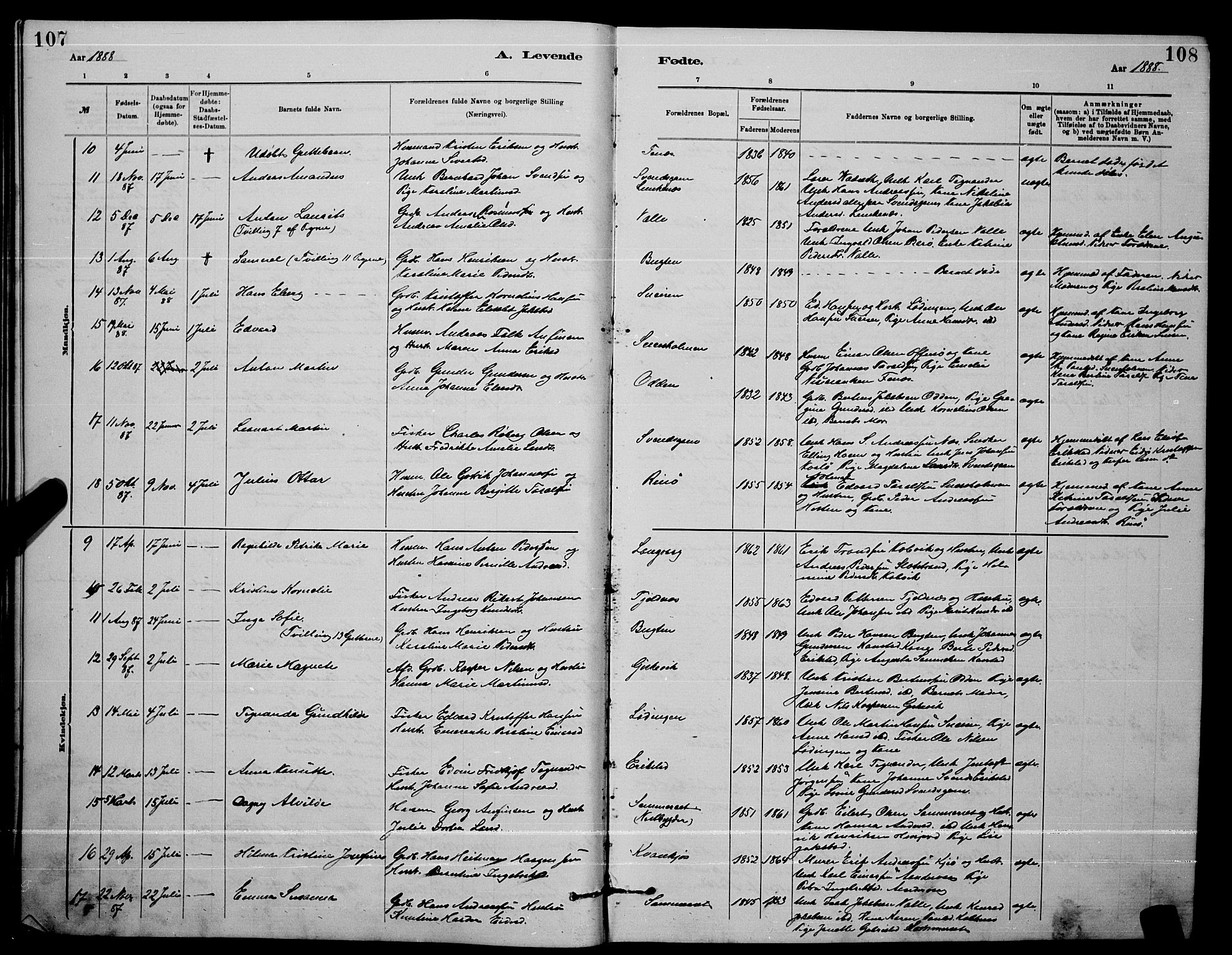 Ministerialprotokoller, klokkerbøker og fødselsregistre - Nordland, AV/SAT-A-1459/872/L1047: Parish register (copy) no. 872C03, 1880-1897, p. 107-108