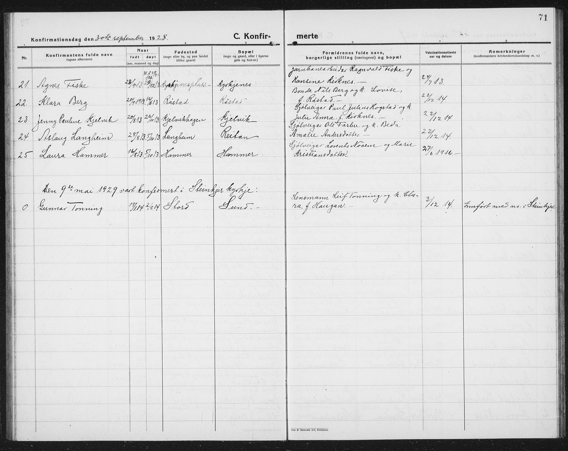 Ministerialprotokoller, klokkerbøker og fødselsregistre - Nord-Trøndelag, AV/SAT-A-1458/730/L0303: Parish register (copy) no. 730C06, 1924-1933, p. 71