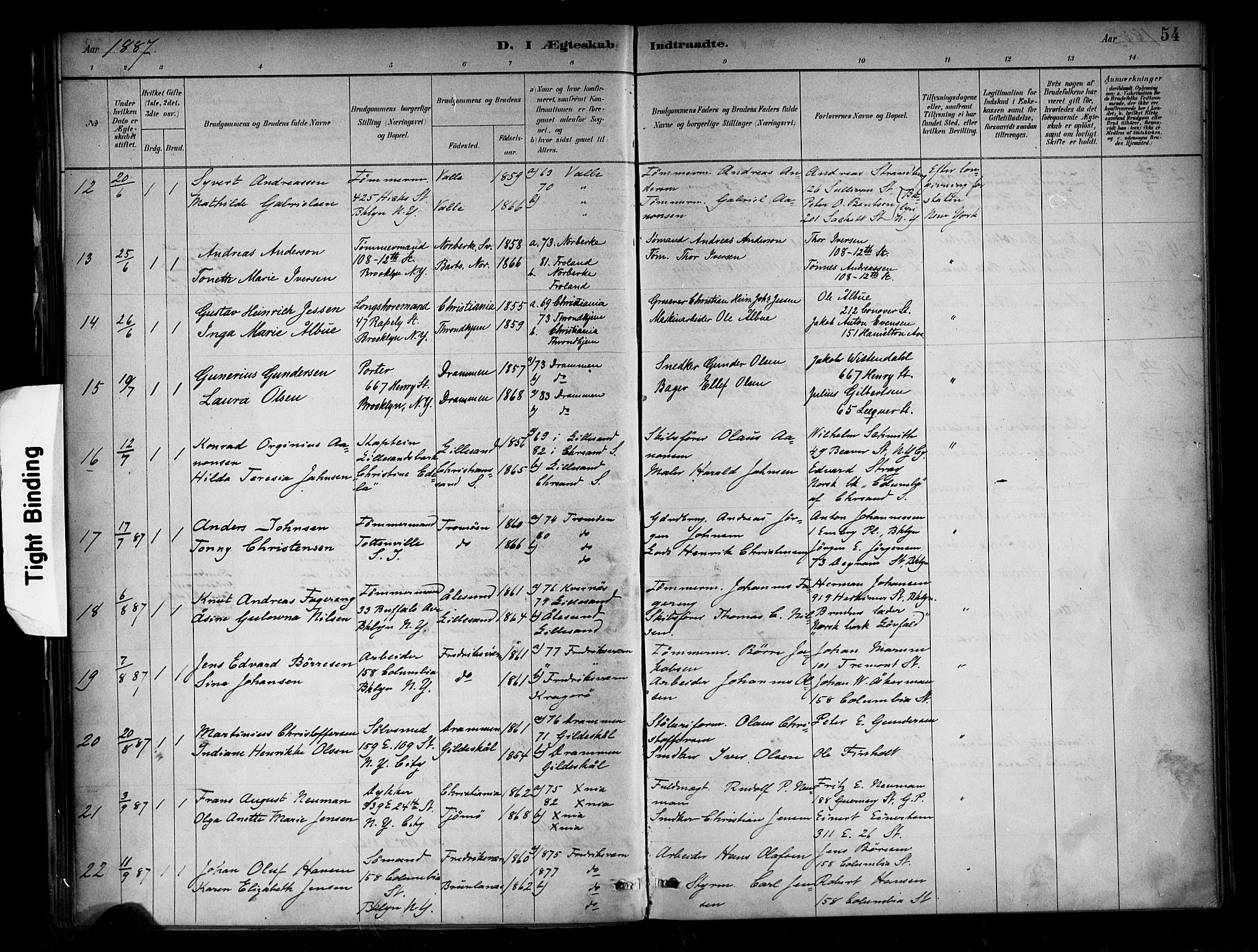 Den norske sjømannsmisjon i utlandet/New York, SAB/SAB/PA-0110/H/Ha/L0002: Parish register (official) no. A 2, 1886-1888, p. 54
