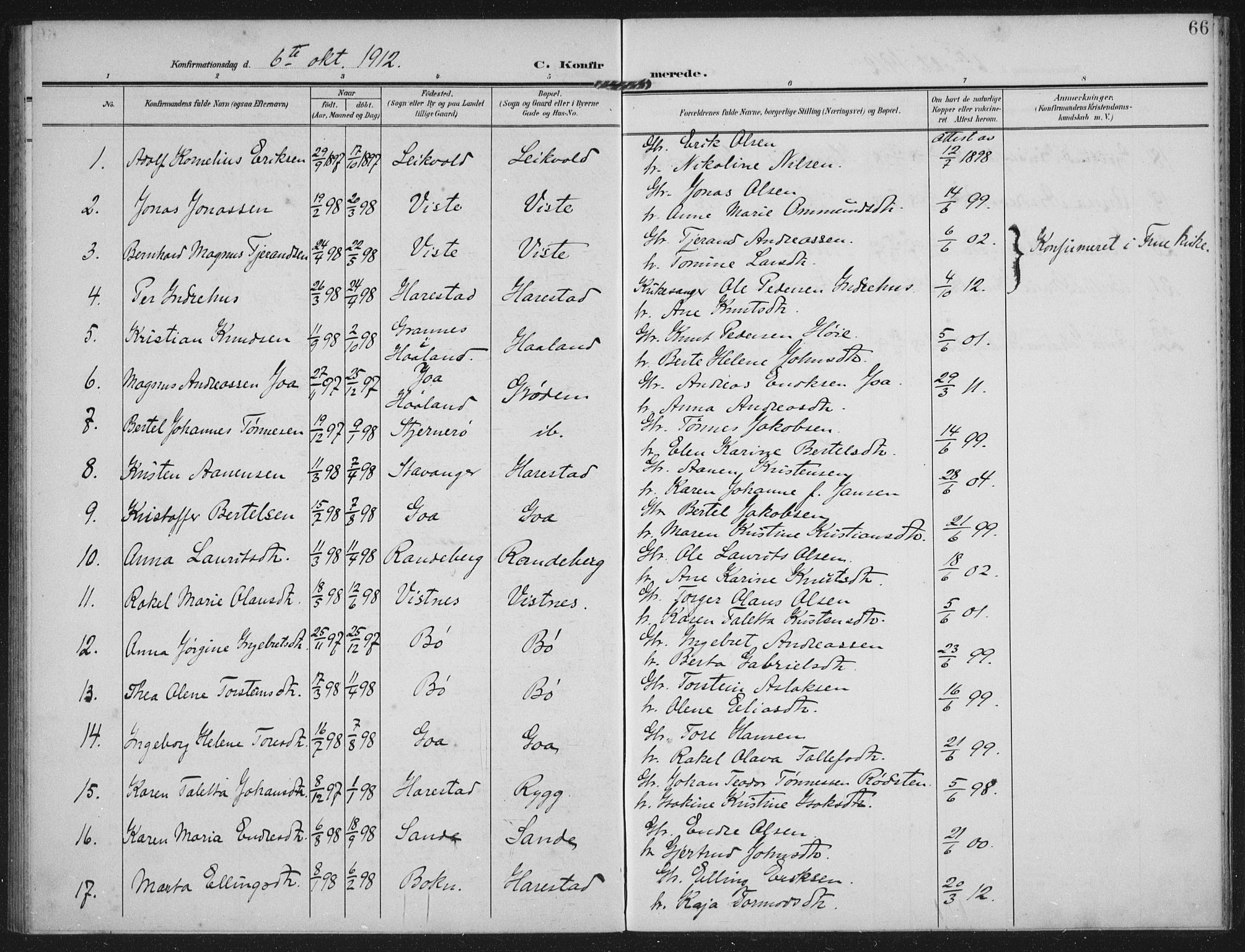 Hetland sokneprestkontor, AV/SAST-A-101826/30/30BA: Parish register (official) no. A 14, 1905-1919, p. 66