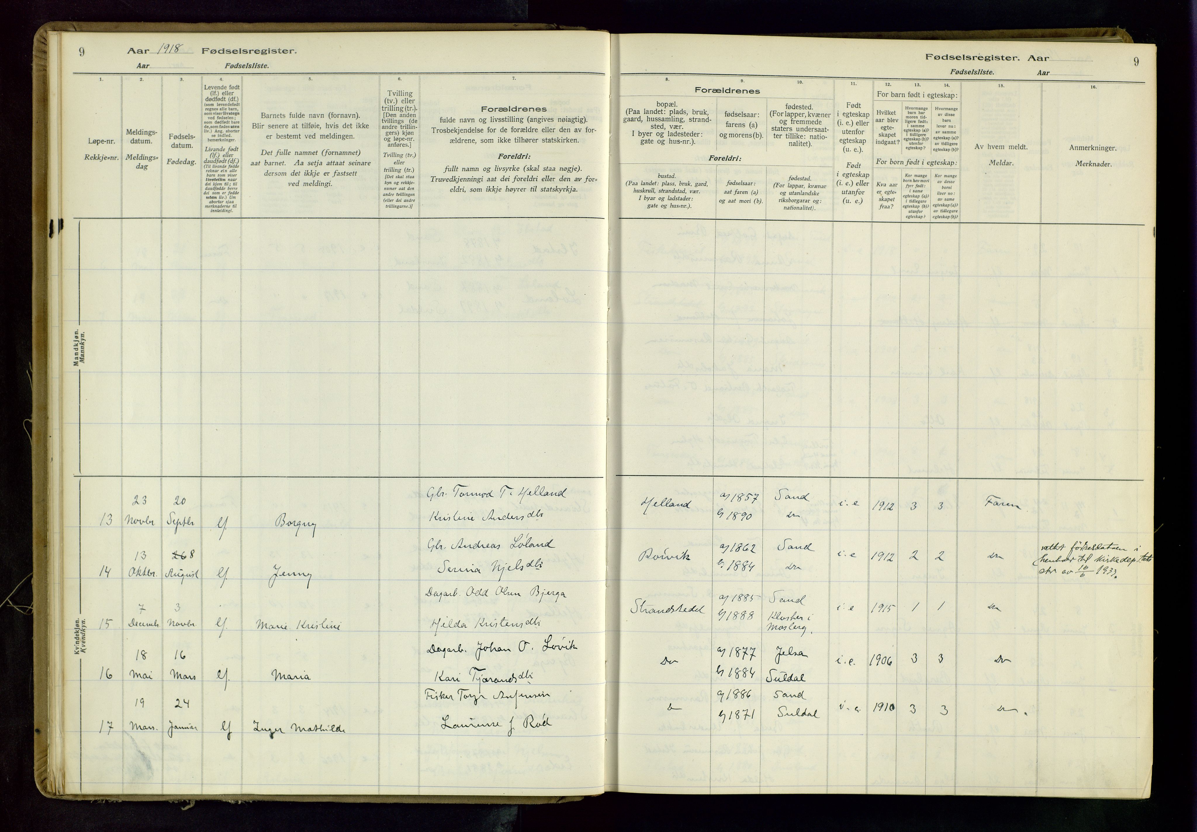 Suldal sokneprestkontor, AV/SAST-A-101845/03/A/L0001: Birth register no. 1, 1916-1982, p. 9