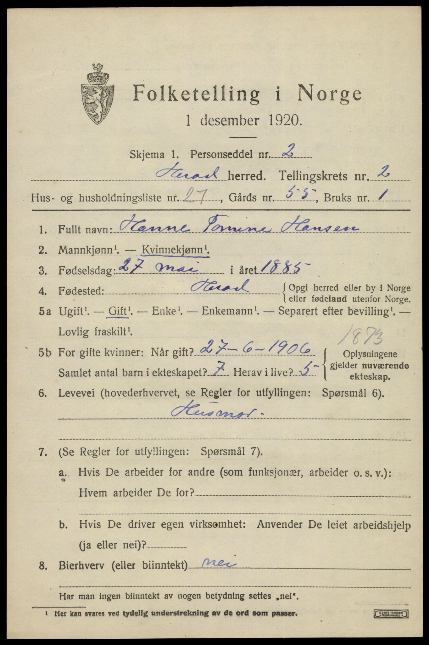SAK, 1920 census for Herad, 1920, p. 1310