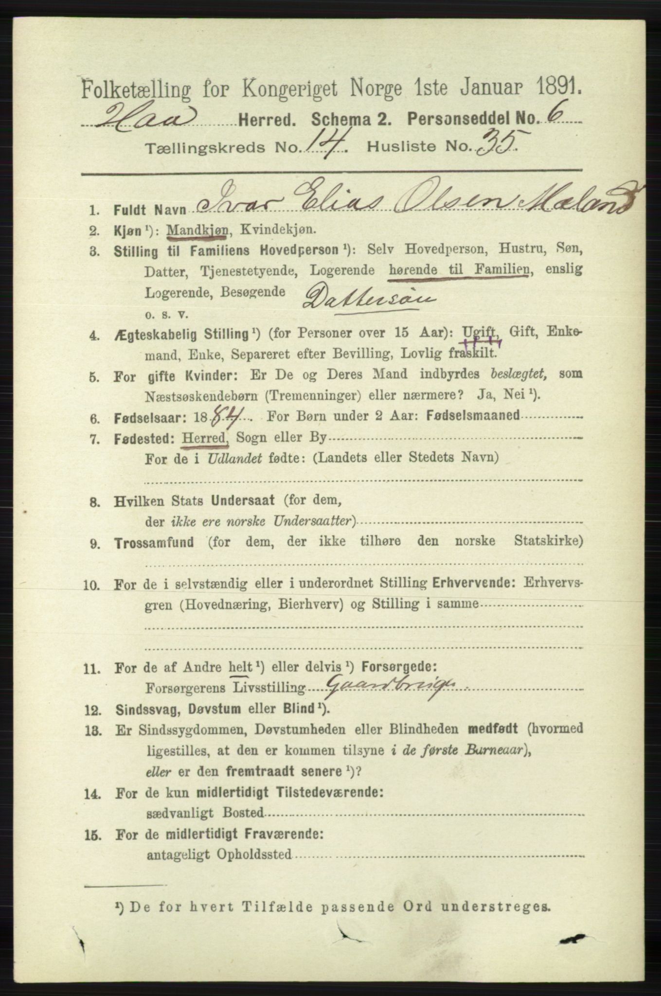 RA, 1891 census for 1119 Hå, 1891, p. 3576