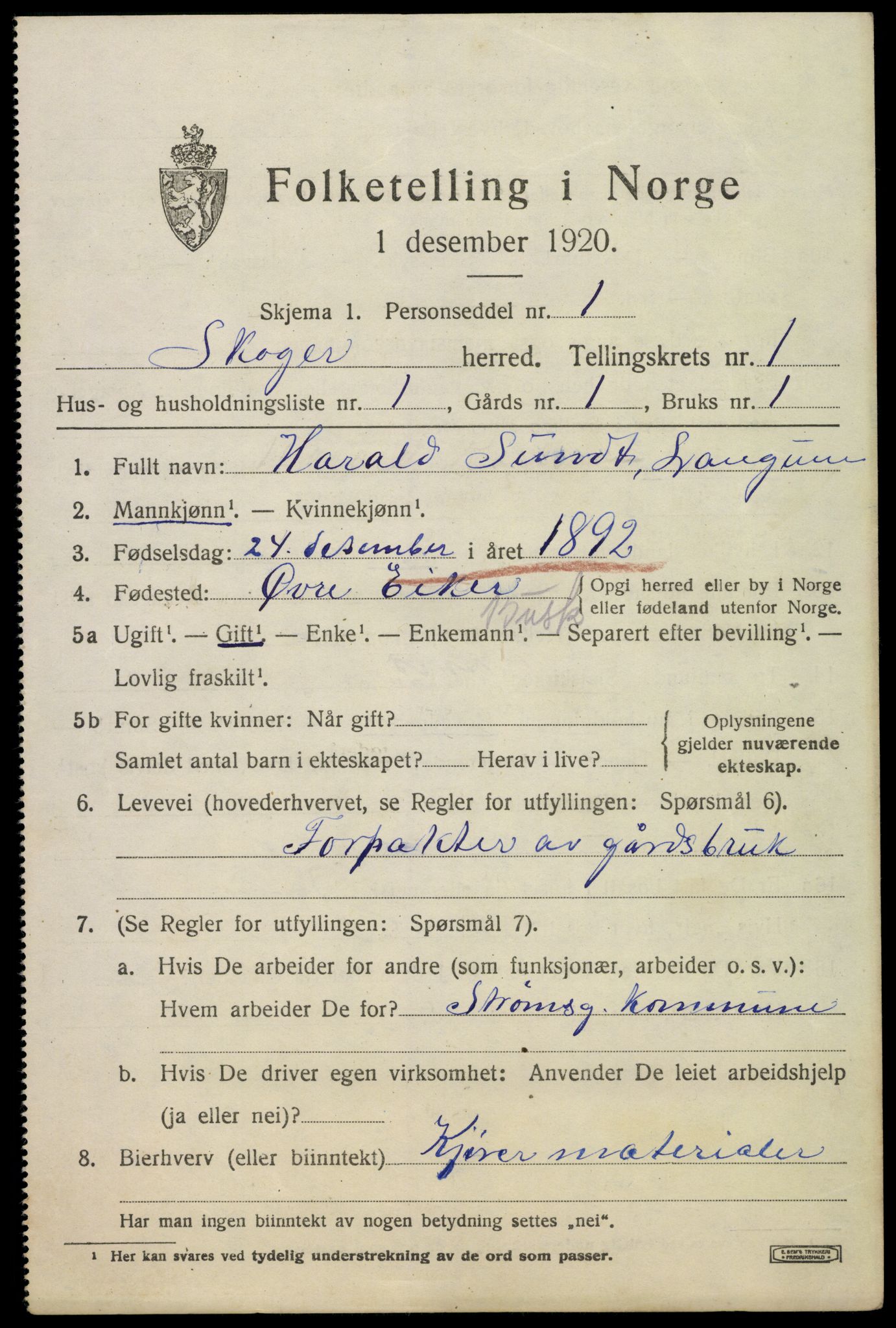 SAKO, 1920 census for Skoger, 1920, p. 2007