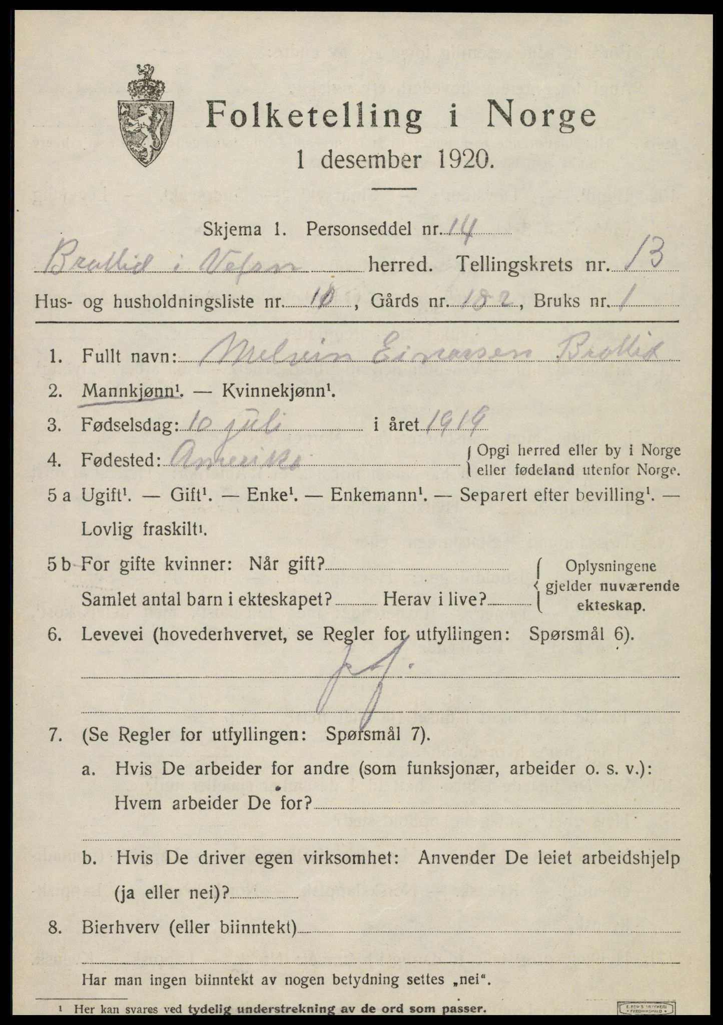 SAT, 1920 census for Vefsn, 1920, p. 10319