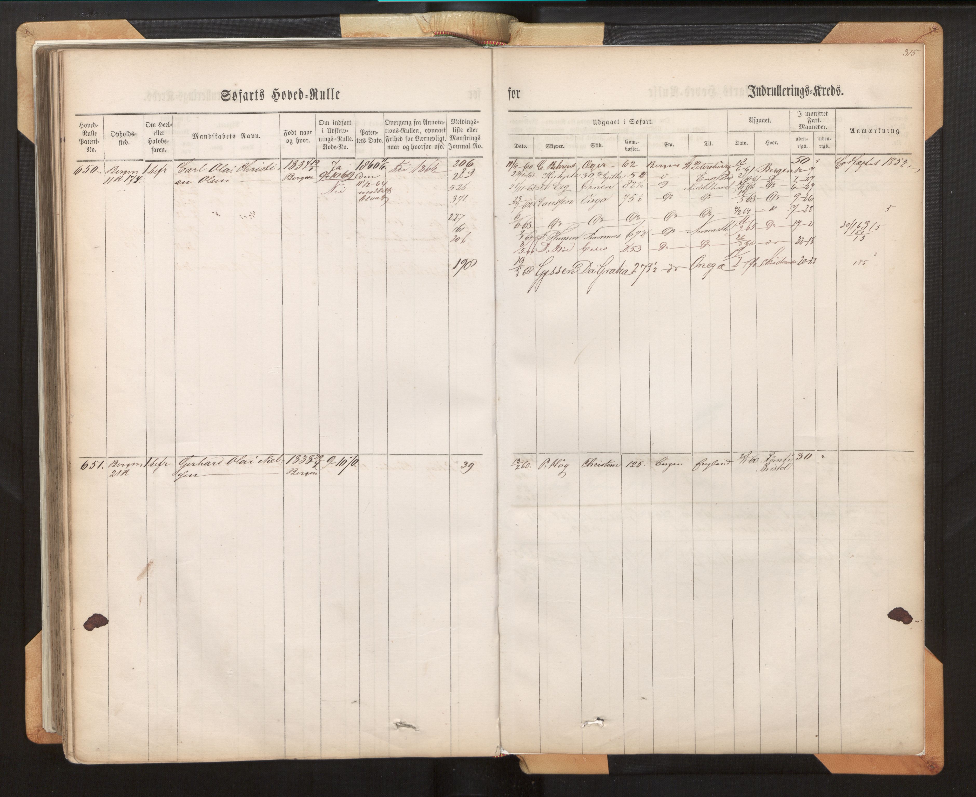 Innrulleringssjefen i Bergen, AV/SAB-A-100050/F/Fh/L0007: Sjøfarts-hovedrulle for Bergen krets, fol. 1 - 315, 1860-1865, p. 315