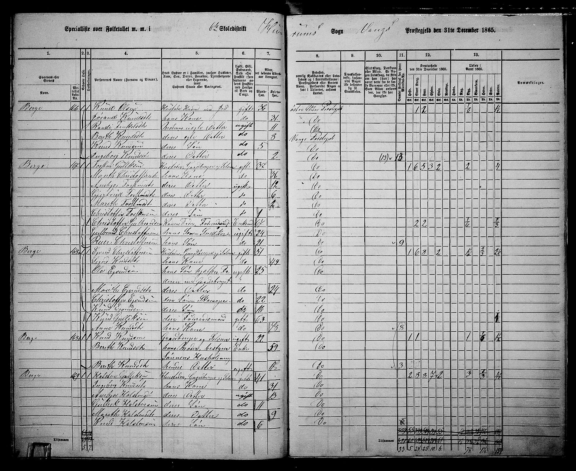 RA, 1865 census for Vang, 1865, p. 112