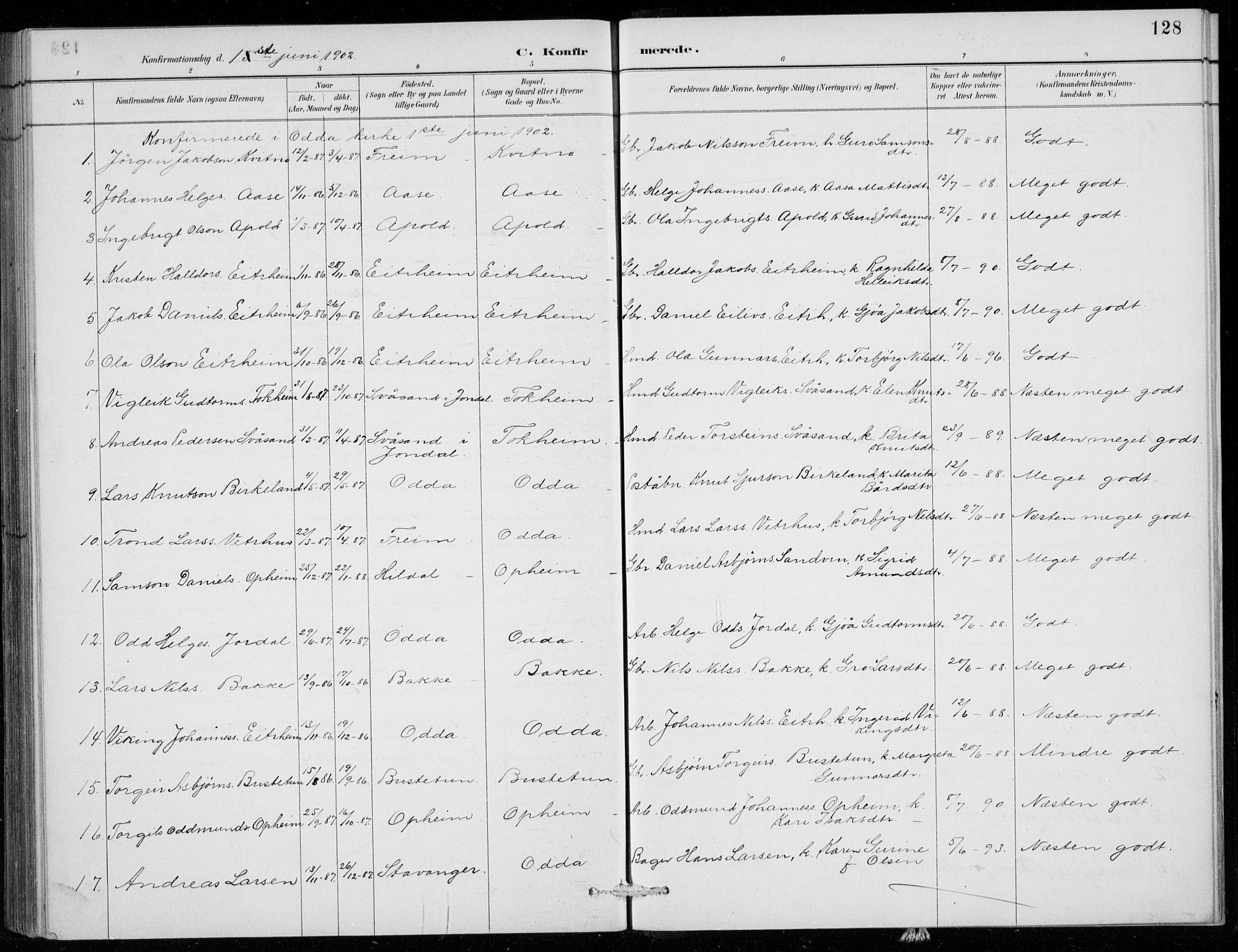 Odda Sokneprestembete, SAB/A-77201/H/Hab: Parish register (copy) no. B  1, 1887-1909, p. 128