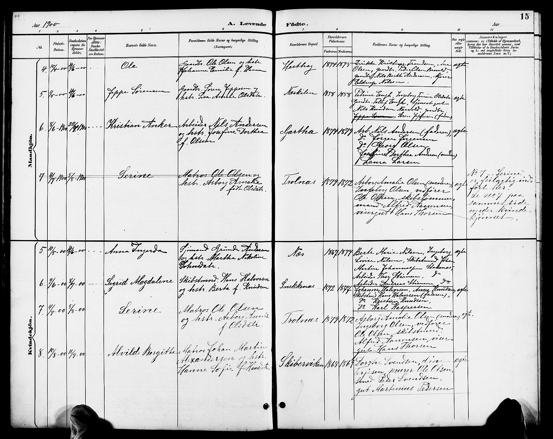 Austre Moland sokneprestkontor, AV/SAK-1111-0001/F/Fb/Fbb/L0002: Parish register (copy) no. B 2, 1894-1918, p. 15