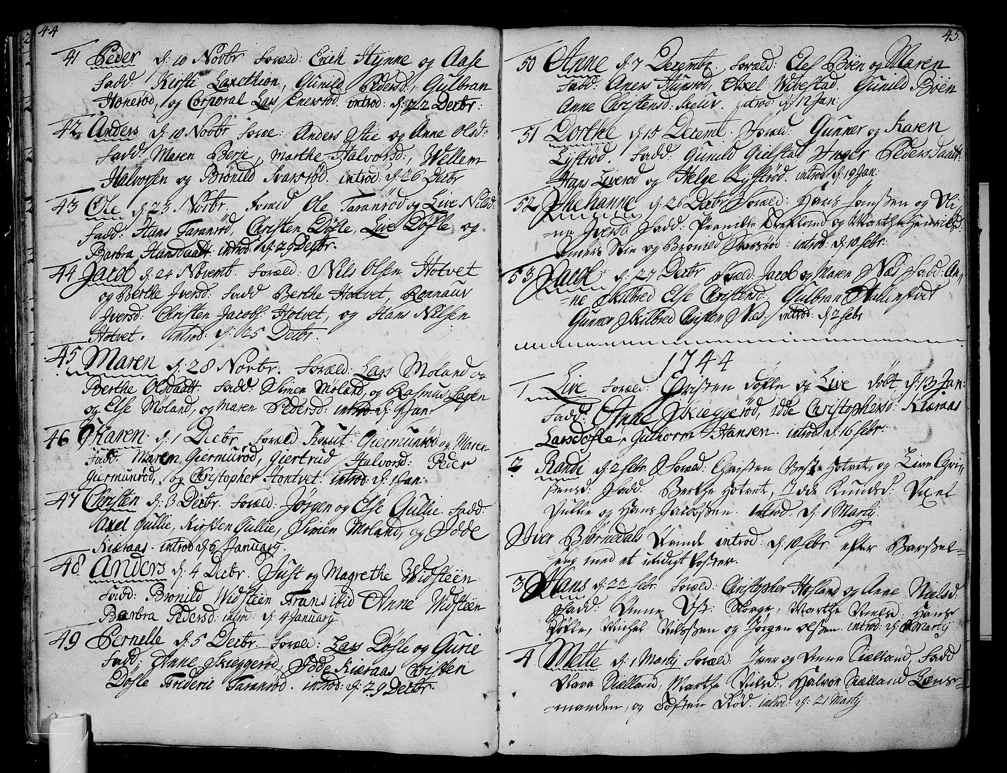 Andebu kirkebøker, AV/SAKO-A-336/F/Fa/L0002: Parish register (official) no. 2, 1733-1802, p. 44-45