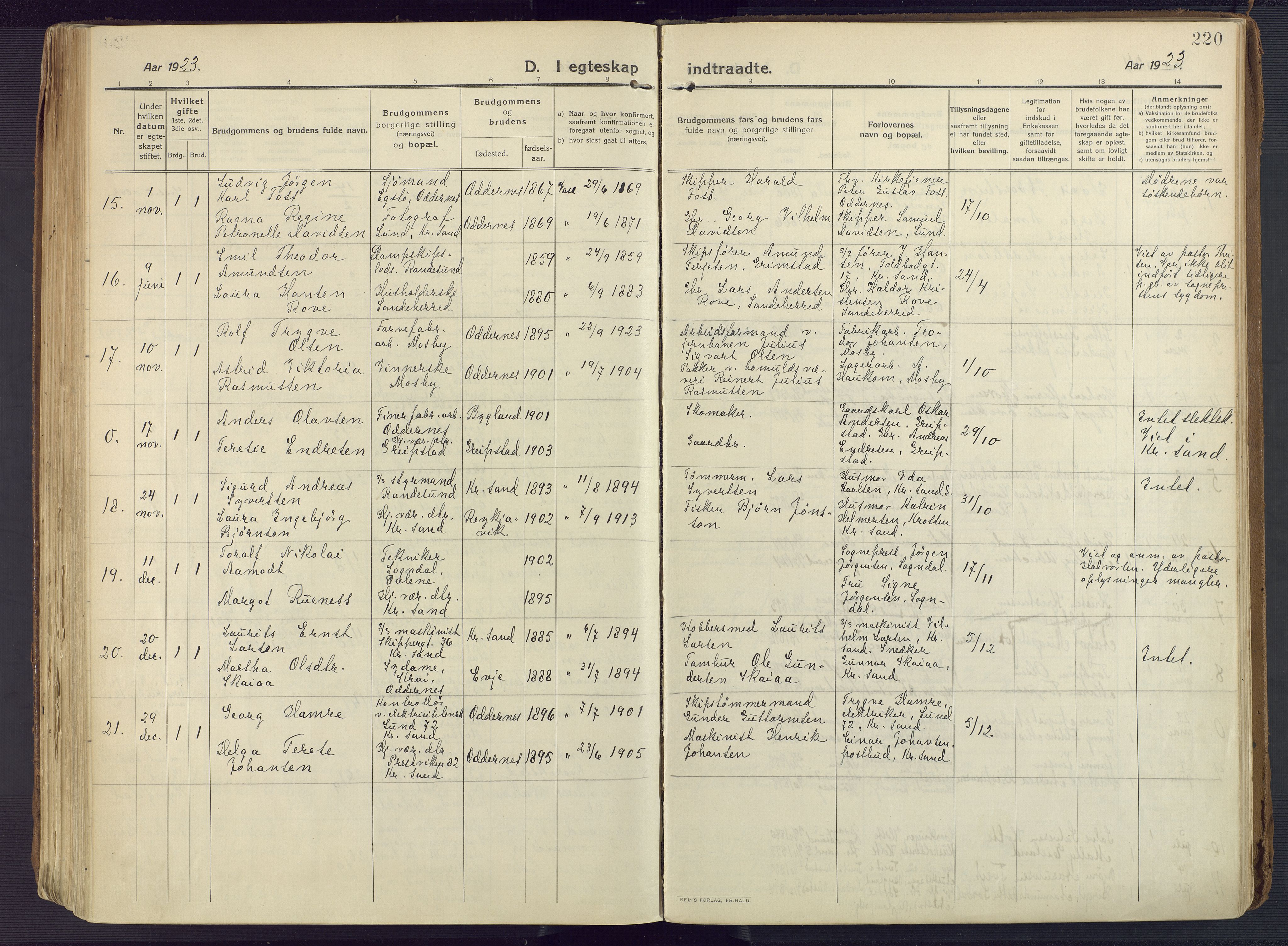 Oddernes sokneprestkontor, AV/SAK-1111-0033/F/Fa/Faa/L0012: Parish register (official) no. A 12, 1912-1925, p. 220