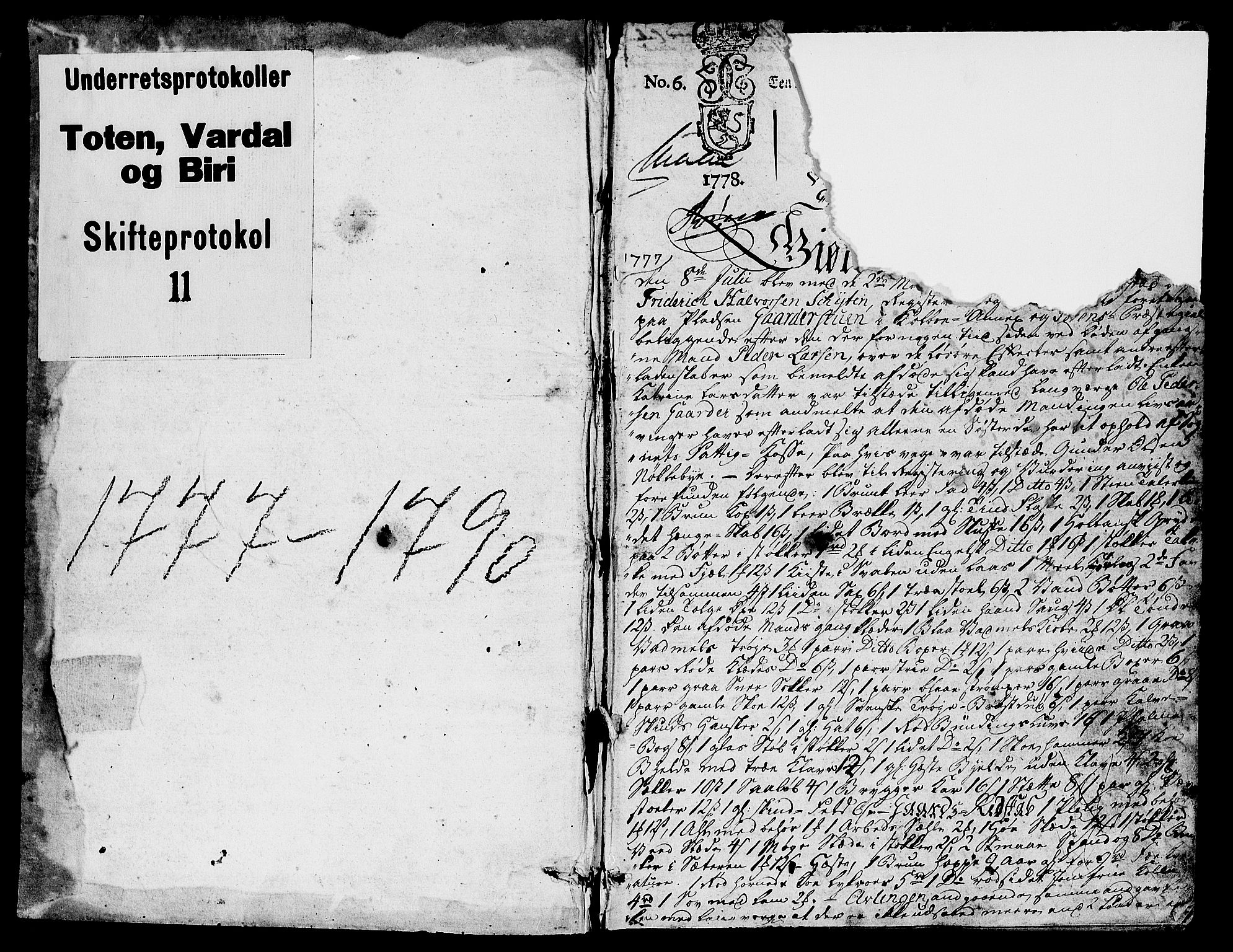 Toten tingrett, AV/SAH-TING-006/J/Ja/L0011: Skifteprotokoll, 1777-1790