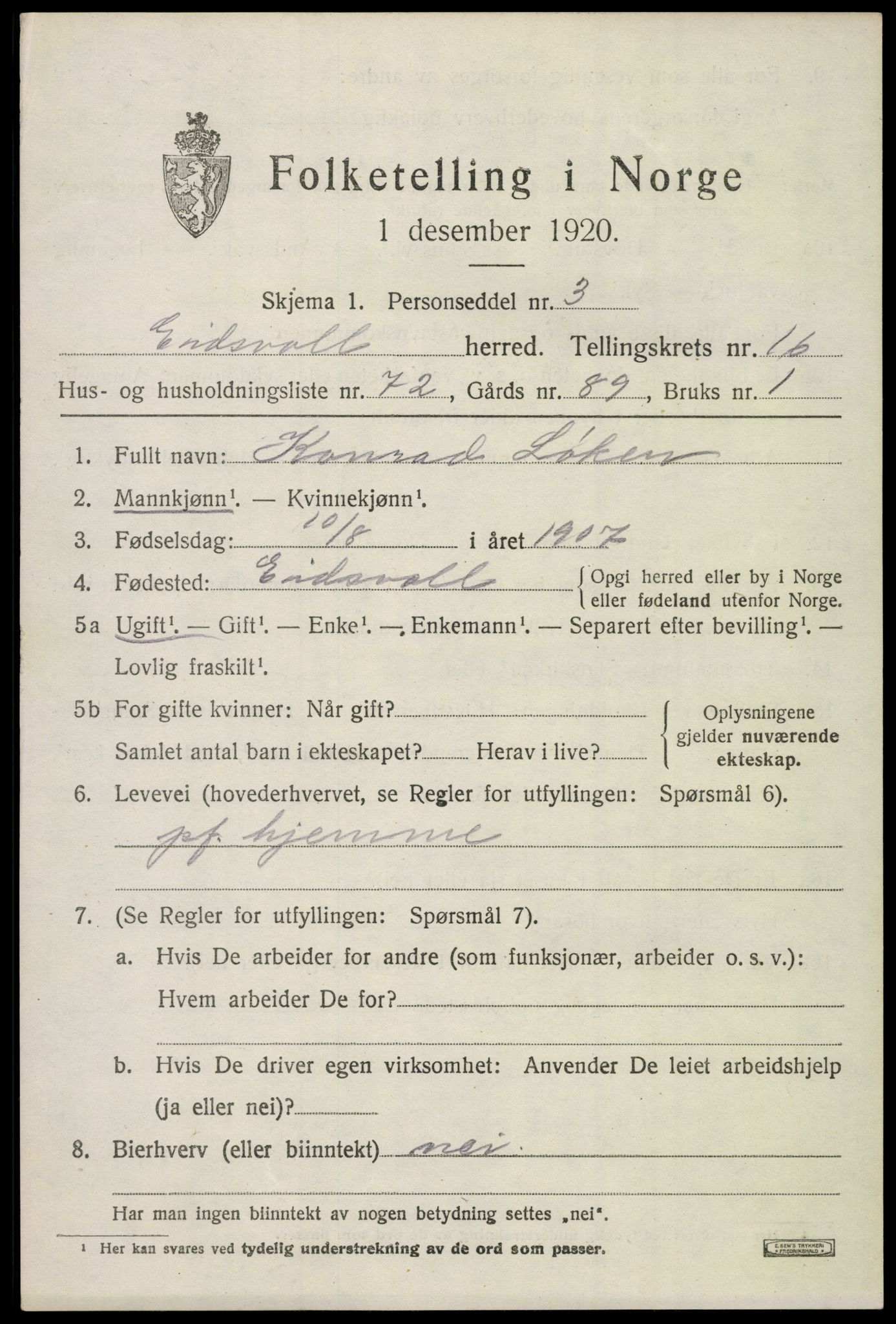 SAO, 1920 census for Eidsvoll, 1920, p. 23369