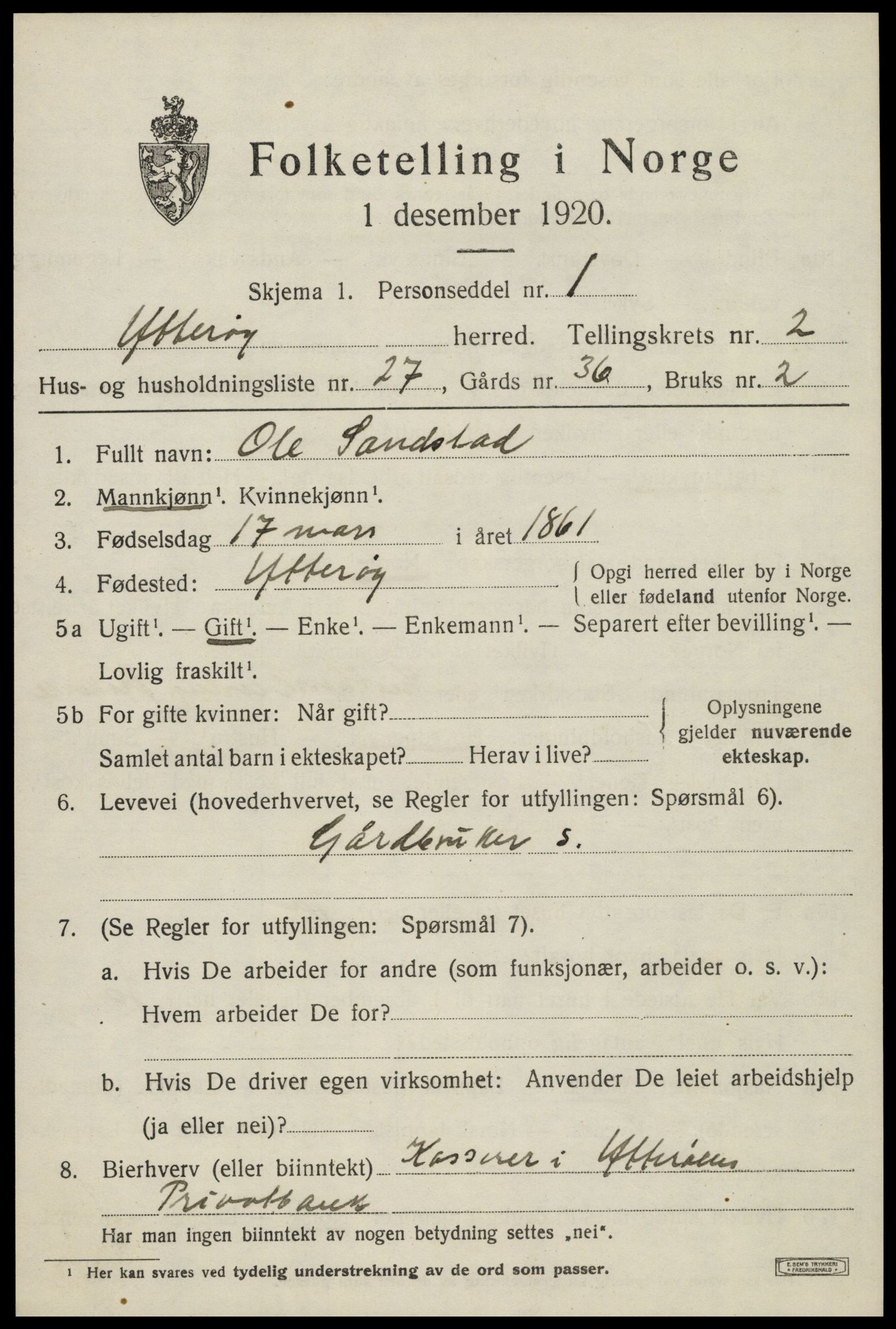 SAT, 1920 census for Ytterøy, 1920, p. 1305