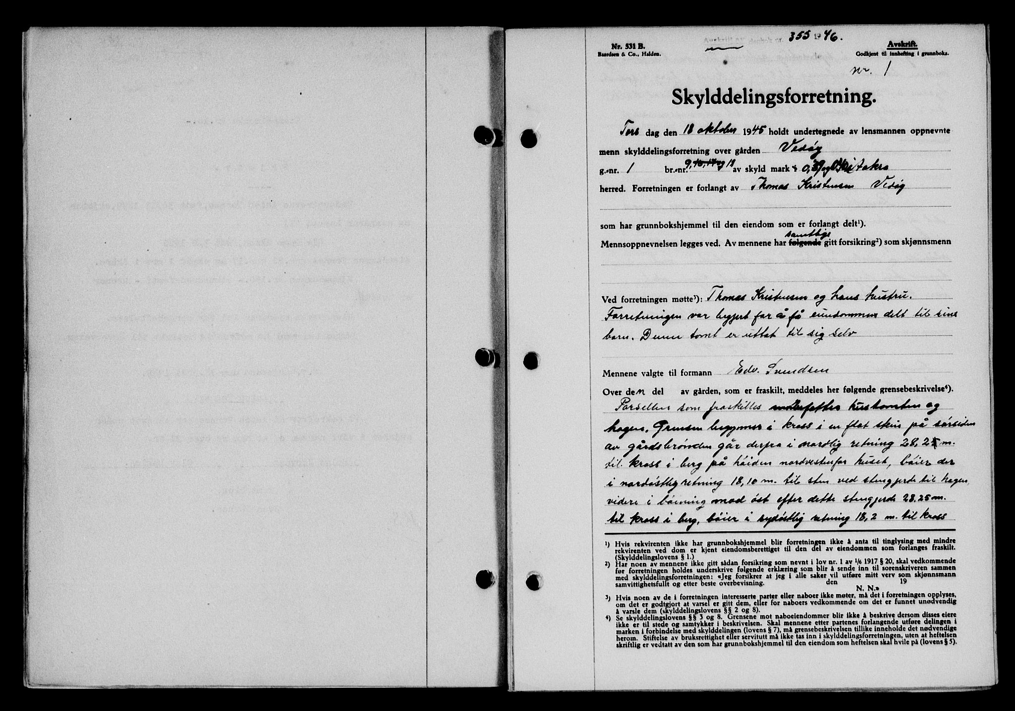 Karmsund sorenskriveri, AV/SAST-A-100311/01/II/IIB/L0085: Mortgage book no. 66A, 1946-1946, Diary no: : 355/1946