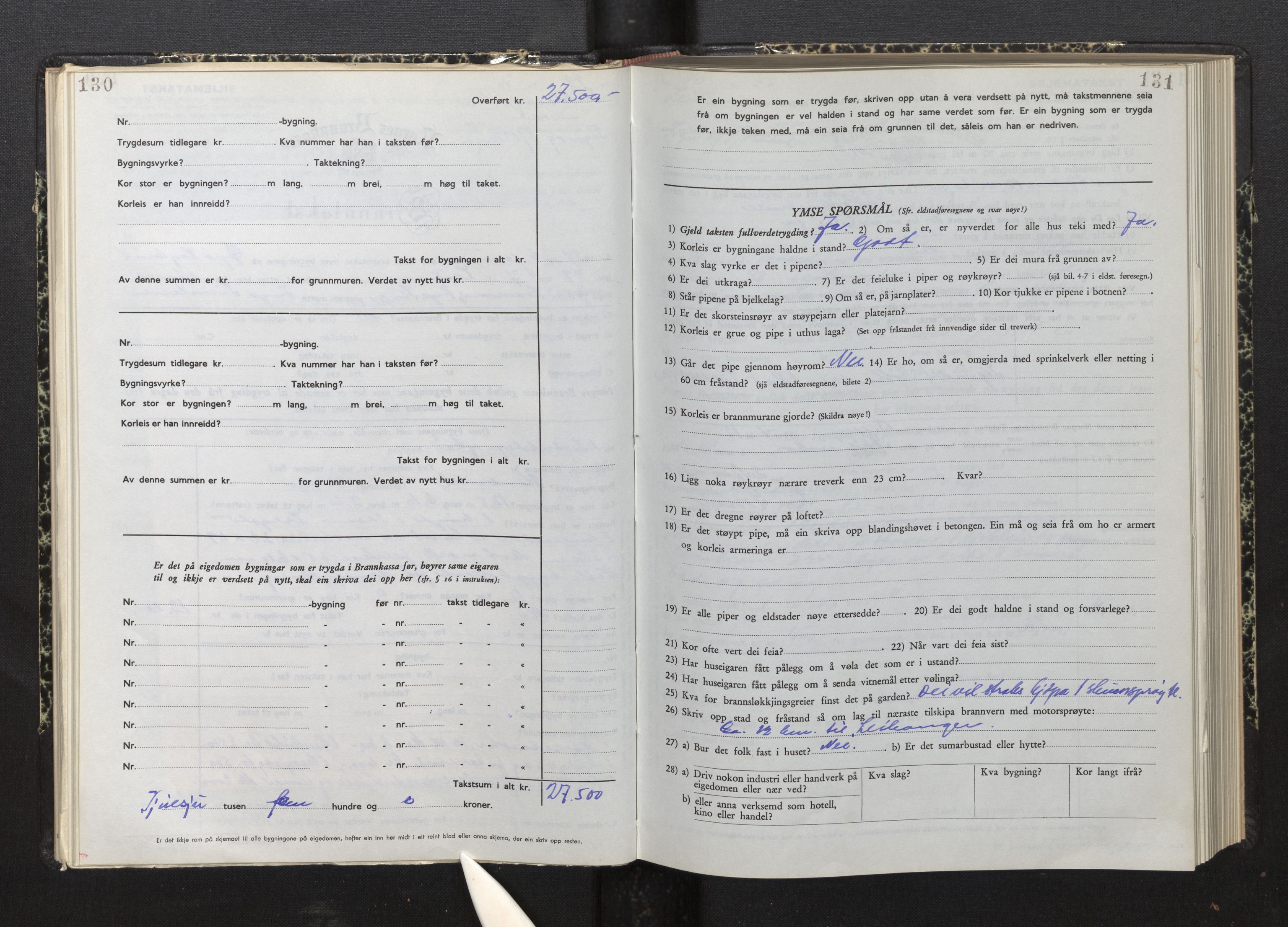 Lensmannen i Leikanger, SAB/A-29201/0012/L0010: Branntakstprotokoll, skjematakst, 1952-1955, p. 130-131